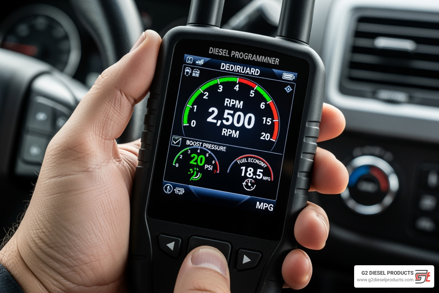 A handheld diesel programmer displaying performance metrics - Diesel engine upgrades
