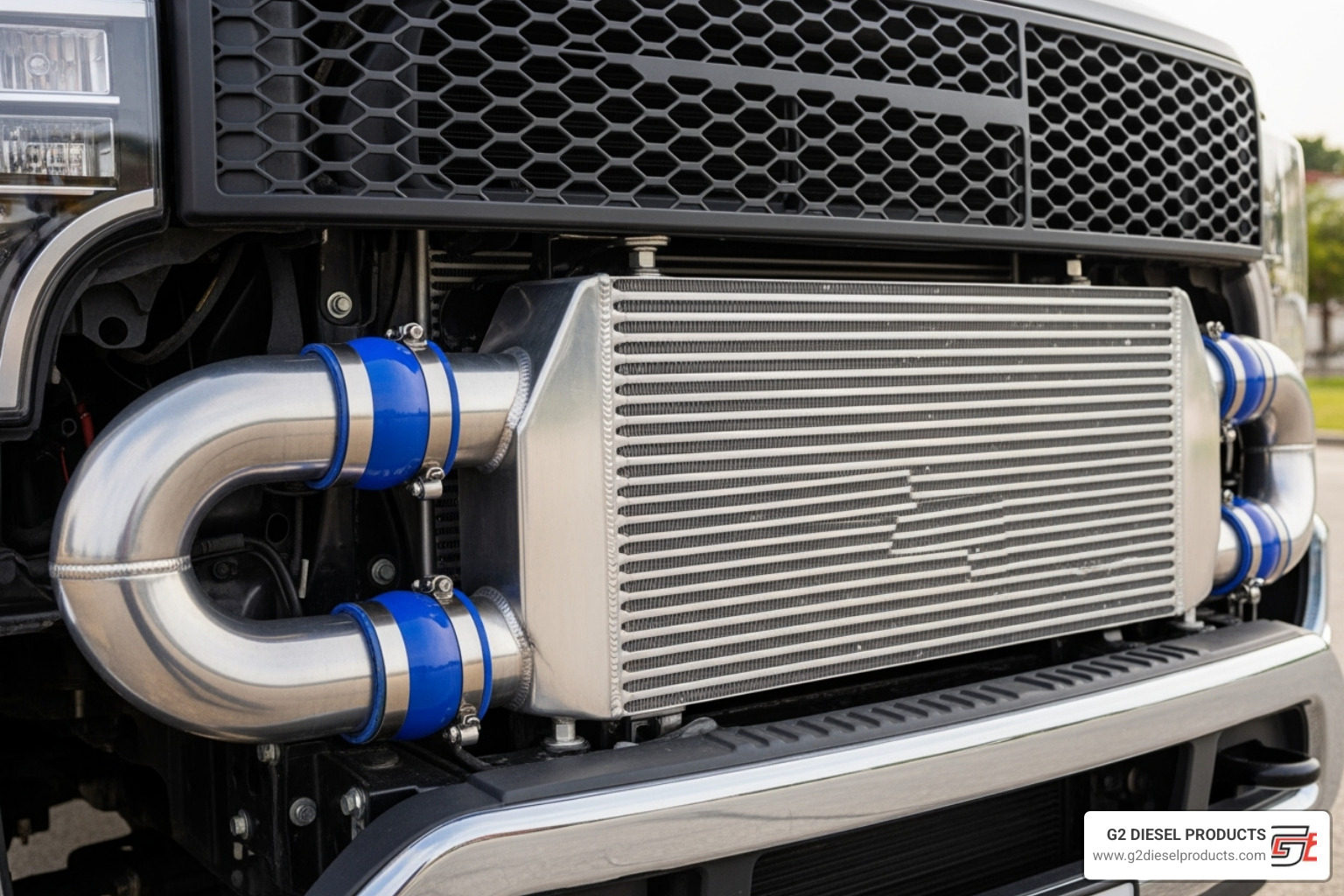 A large, high-performance intercooler installed on the front of a truck - Diesel engine upgrades