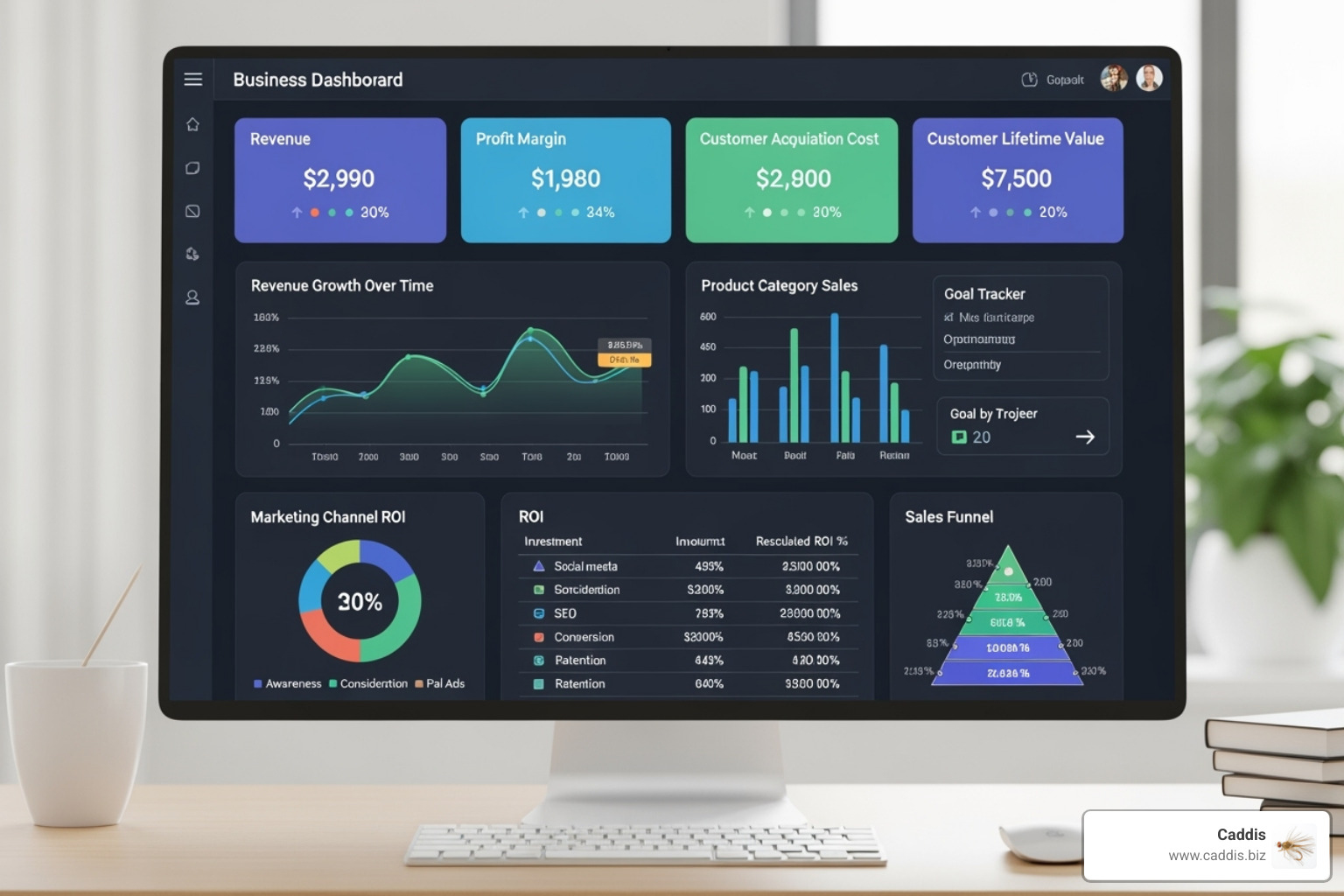 Dashboard showing key performance indicators (KPIs) and ROI calculations - business value consulting