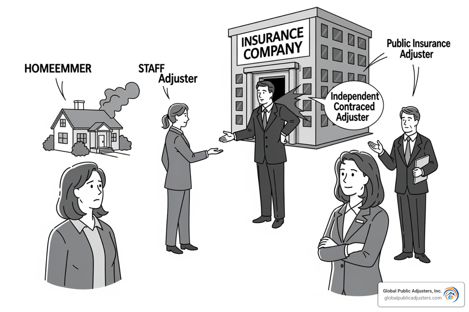flowchart showing the relationship between the policyholder, insurance company, and different adjuster types - independent insurance adjuster near me
