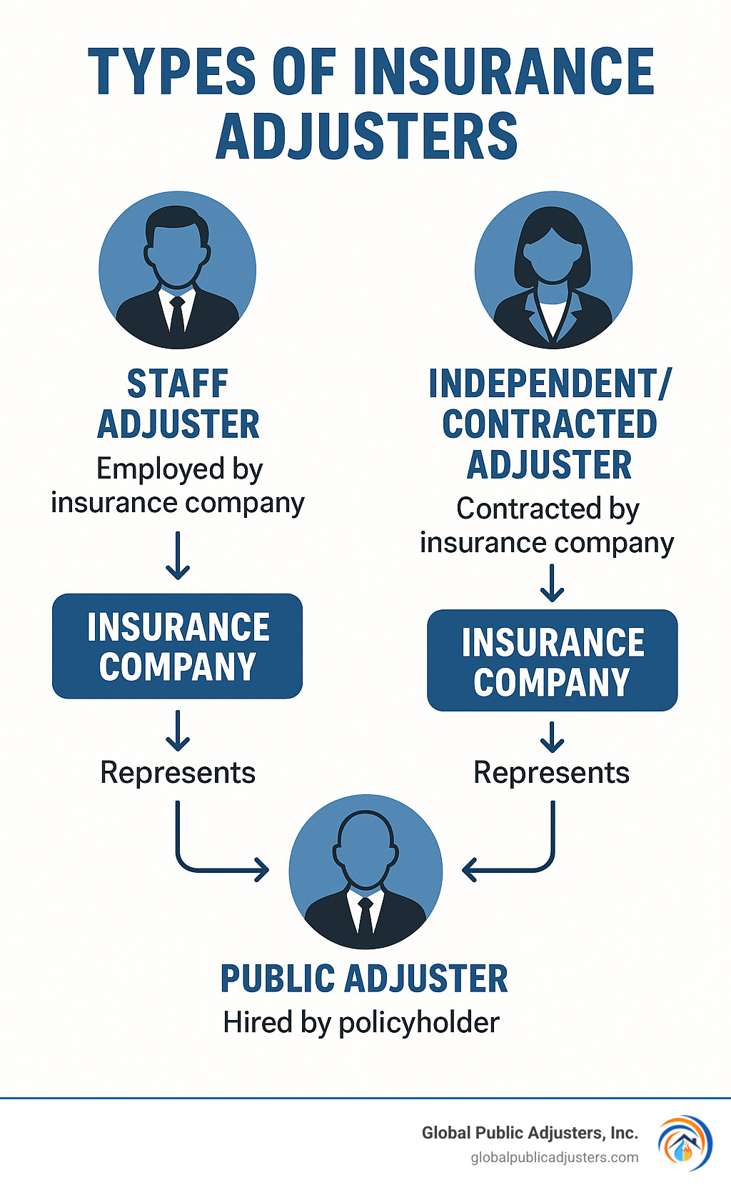 Infographic showing the difference between Staff Adjusters (employed by insurance company), Independent/Contracted Adjusters (contracted by insurance company), and Public Adjusters (hired by policyholder), with arrows indicating who pays each type and whose interests they represent - independent insurance adjuster near me infographic 