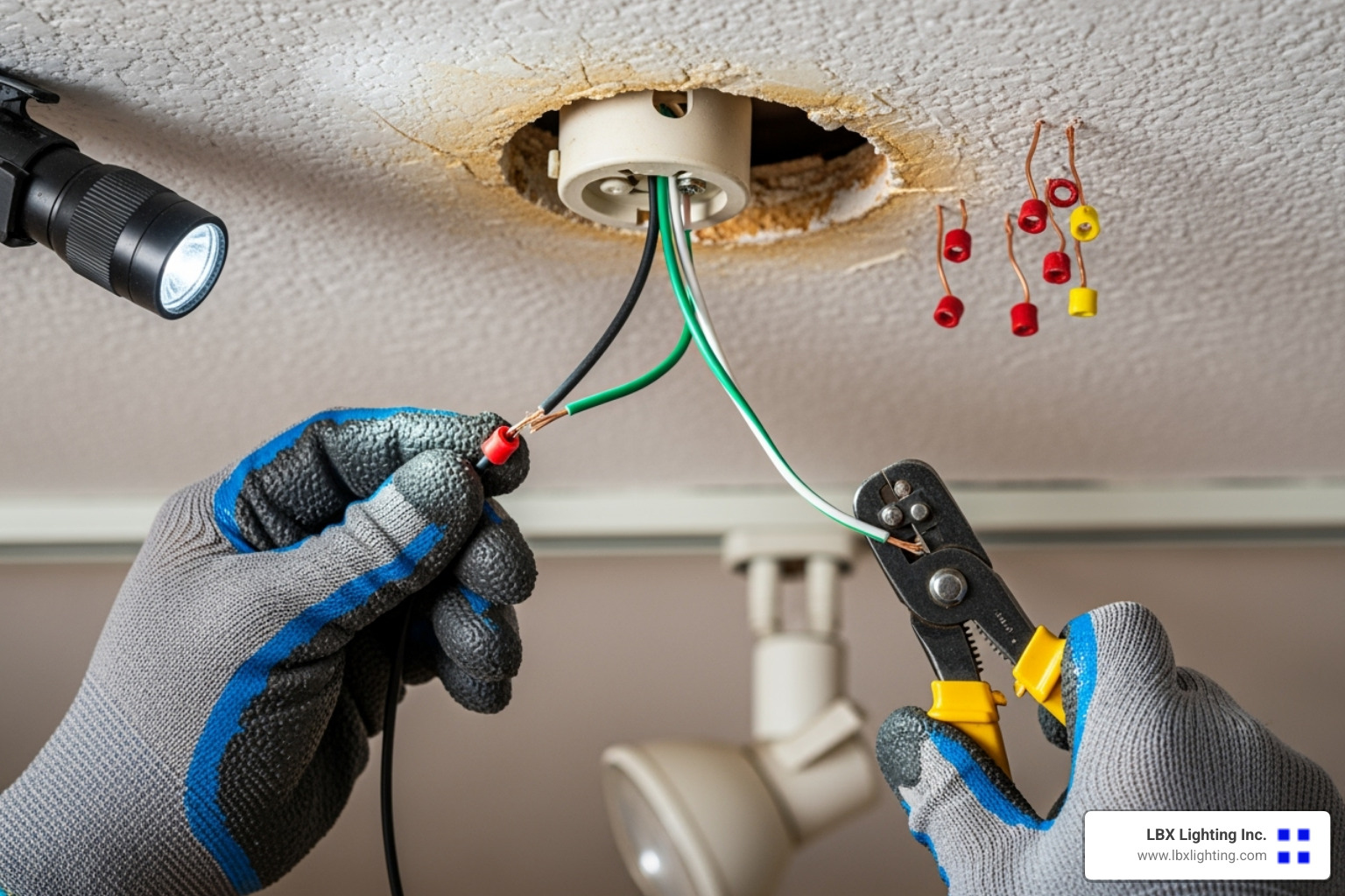 A person safely disconnecting wires from an old track light fixture - replace old track lighting A person safely disconnecting wires from an old track light fixture - replace old track lighting