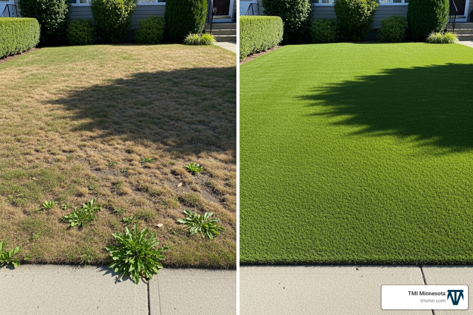 side-by-side comparison of a natural lawn with brown spots and a perfect synthetic lawn - front yard synthetic grass side-by-side comparison of a natural lawn with brown spots and a perfect synthetic lawn - front yard synthetic grass