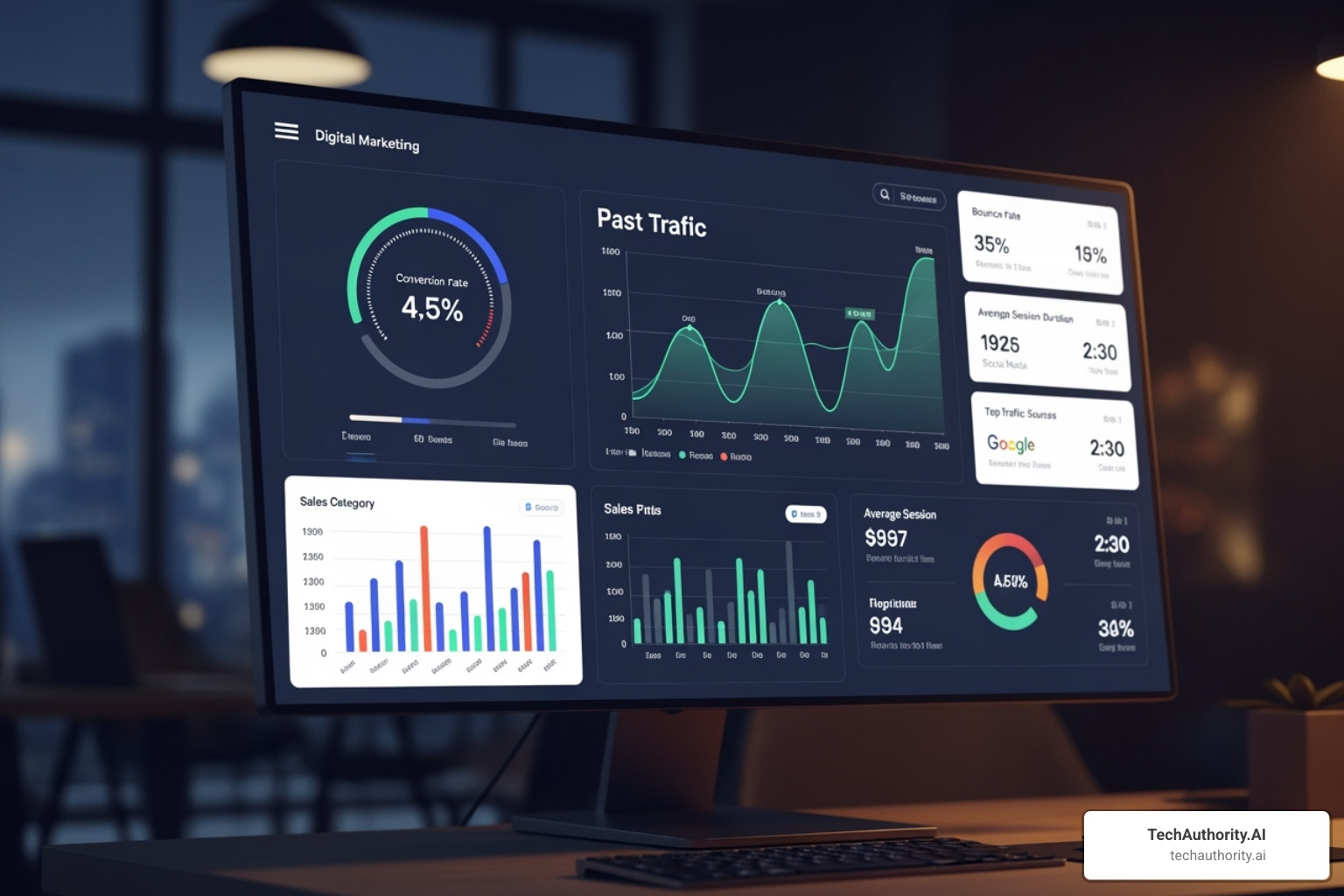 A digital marketing dashboard displaying various metrics such as website traffic, conversion rates, sales, and analytics data, illustrating the importance of tracking performance. - affiliate marketing course