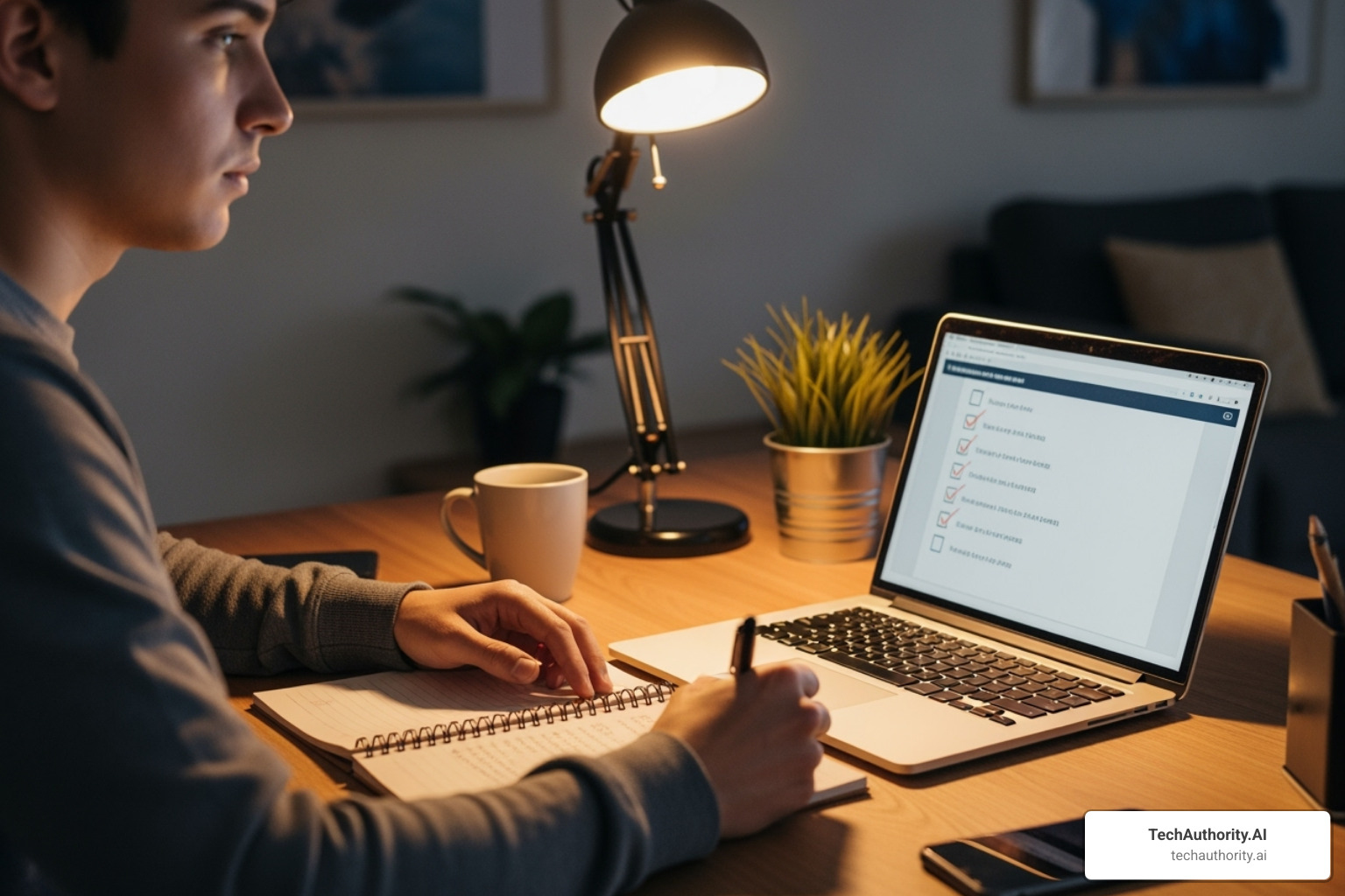 A person sitting at a desk, looking at a laptop with a checklist on the screen, holding a pen and taking notes, symbolizing thoughtful course selection. - affiliate marketing course