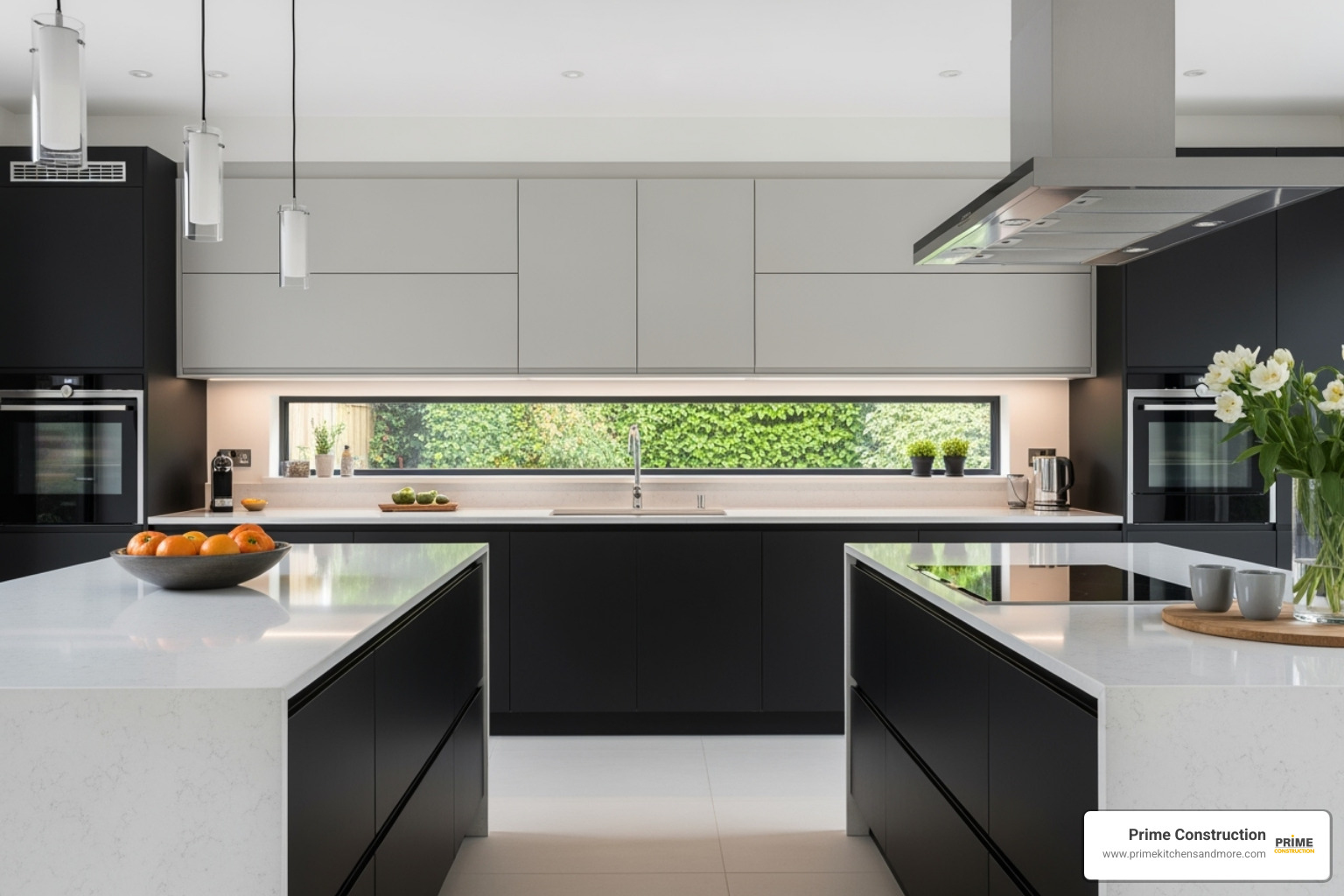 A modern kitchen with two-tone cabinetry and a large quartz waterfall island, showcasing a blend of dark lower cabinets and light upper cabinets - kitchen design inspiration Orlando