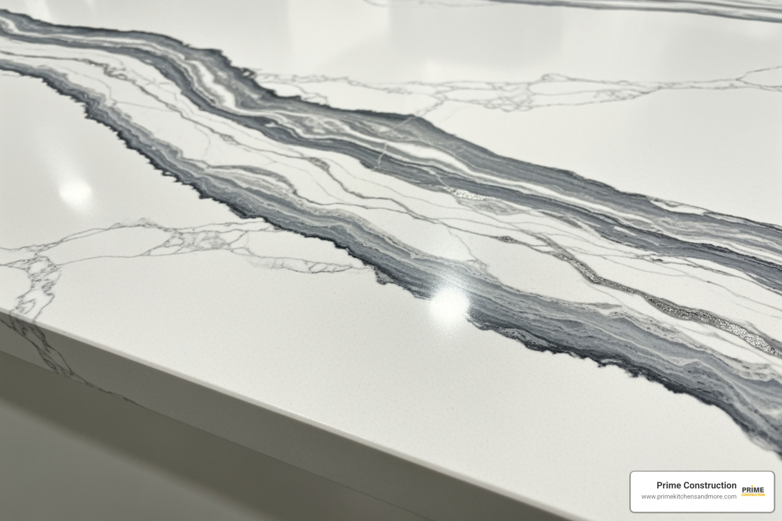 A close-up view of a white quartz countertop with dramatic gray veining, highlighting its luxurious appearance - kitchen design inspiration Orlando