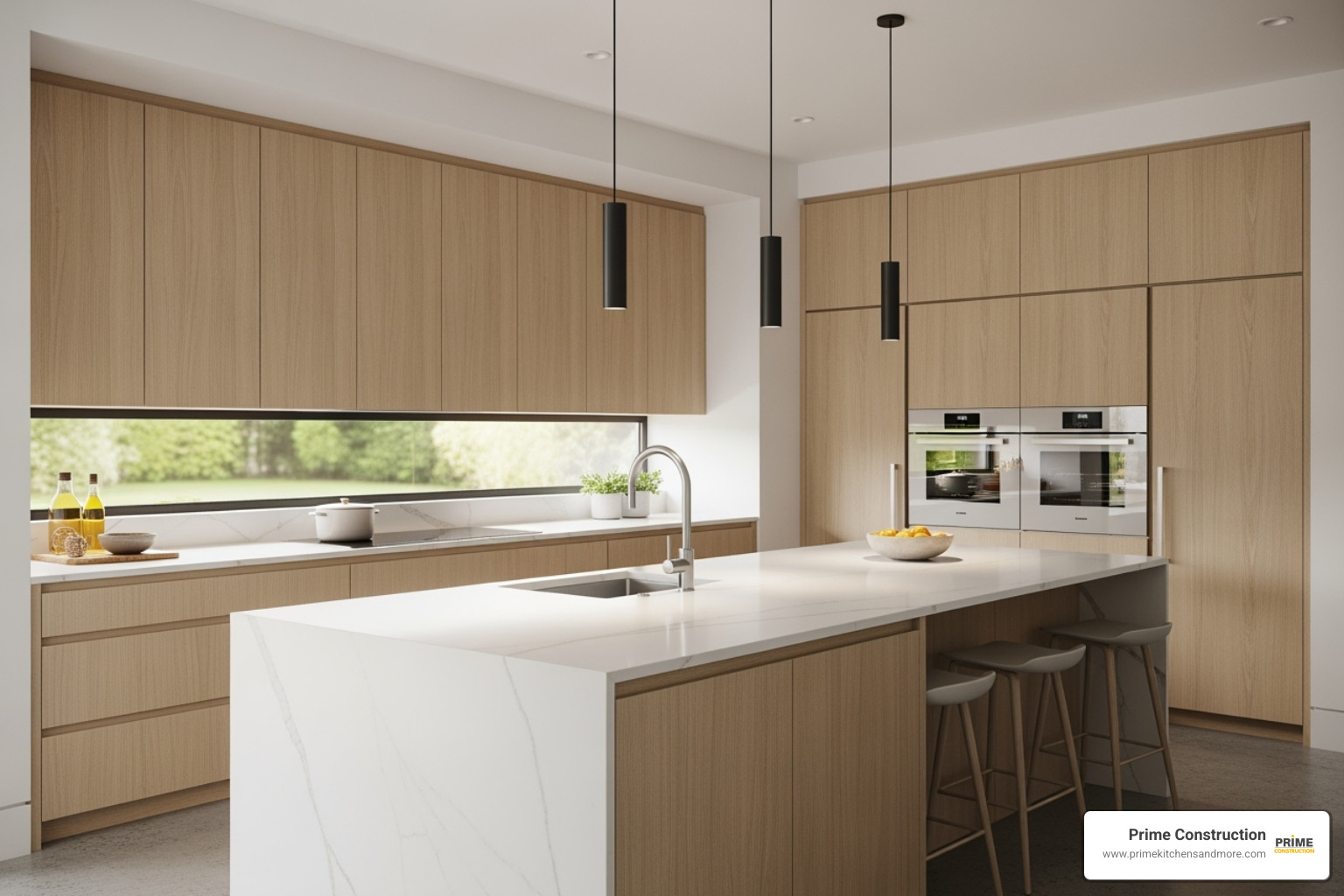 A minimalist modern kitchen featuring flat-panel cabinets in a light wood finish, a large island, and clean lines throughout - kitchen design inspiration Orlando