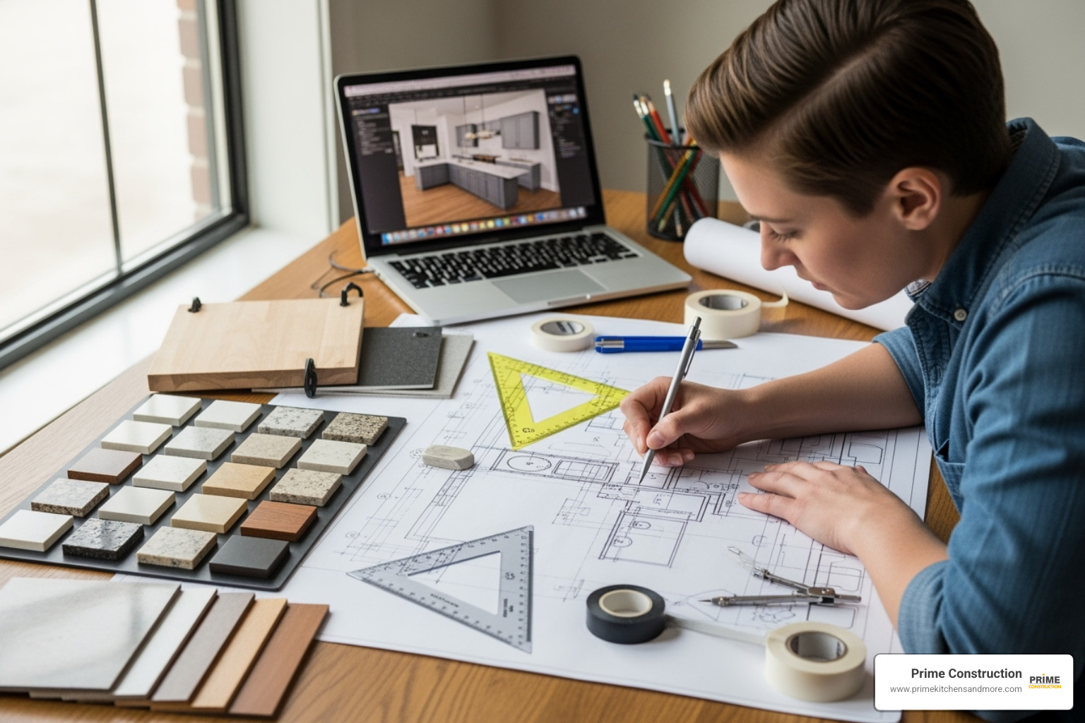 A designer sketching a kitchen layout on a blueprint, with various design tools and material samples on the desk - kitchen design inspiration Orlando
