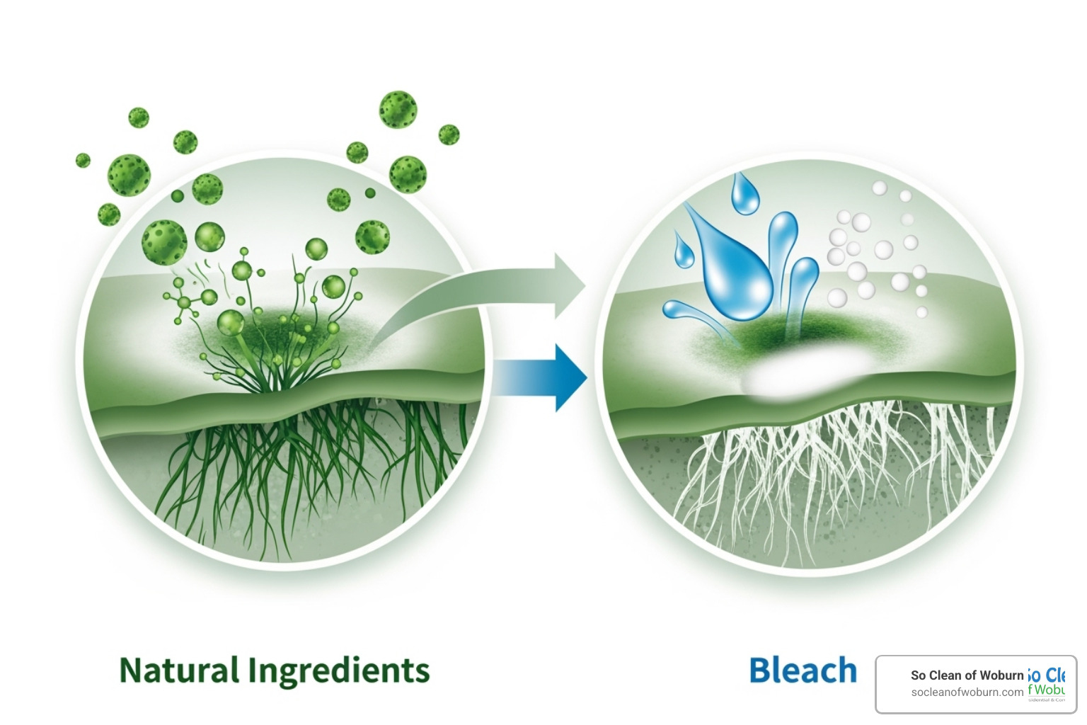 Diagram showing how natural ingredients penetrate and break down mold at its root, unlike bleach which only whiten the surface - biodegradable mold cleaner