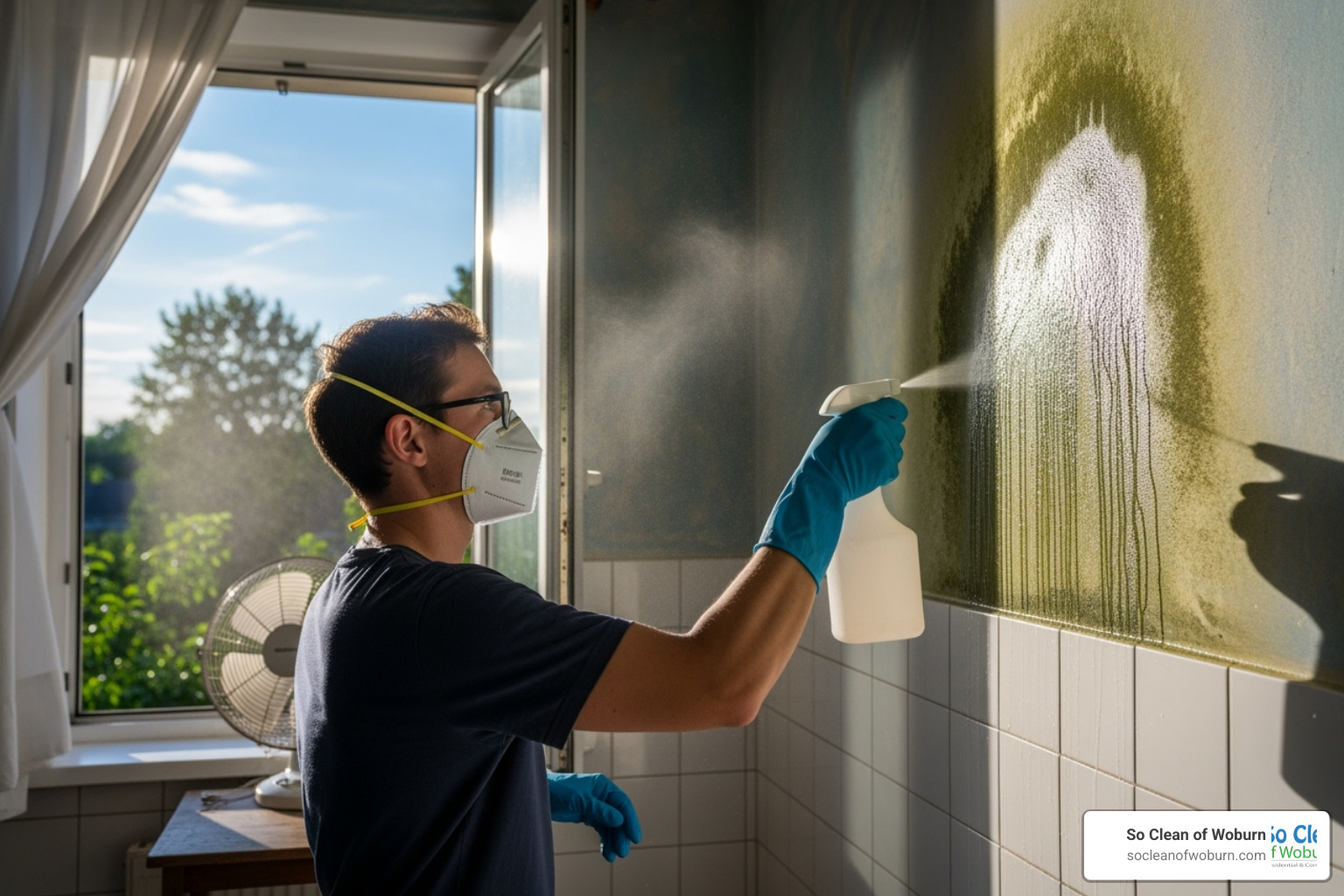 person wearing gloves and a mask while spraying a moldy area in a well-ventilated room - biodegradable mold cleaner