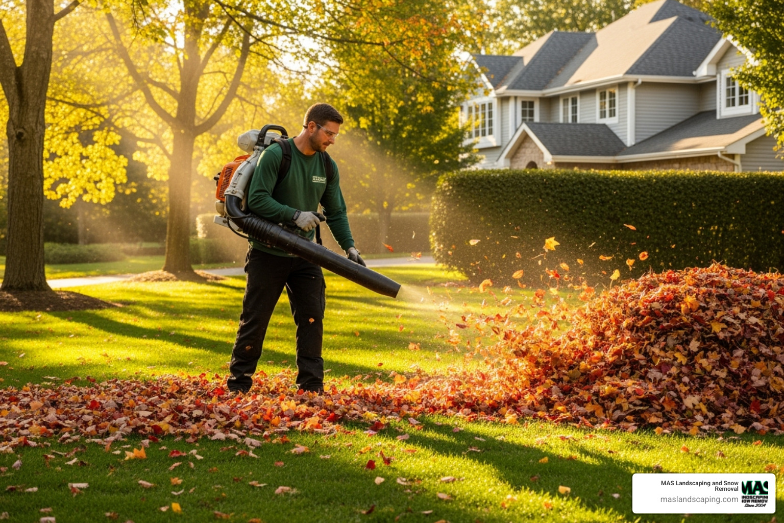 a professional landscaper using a leaf blower - lawn care clean up near me