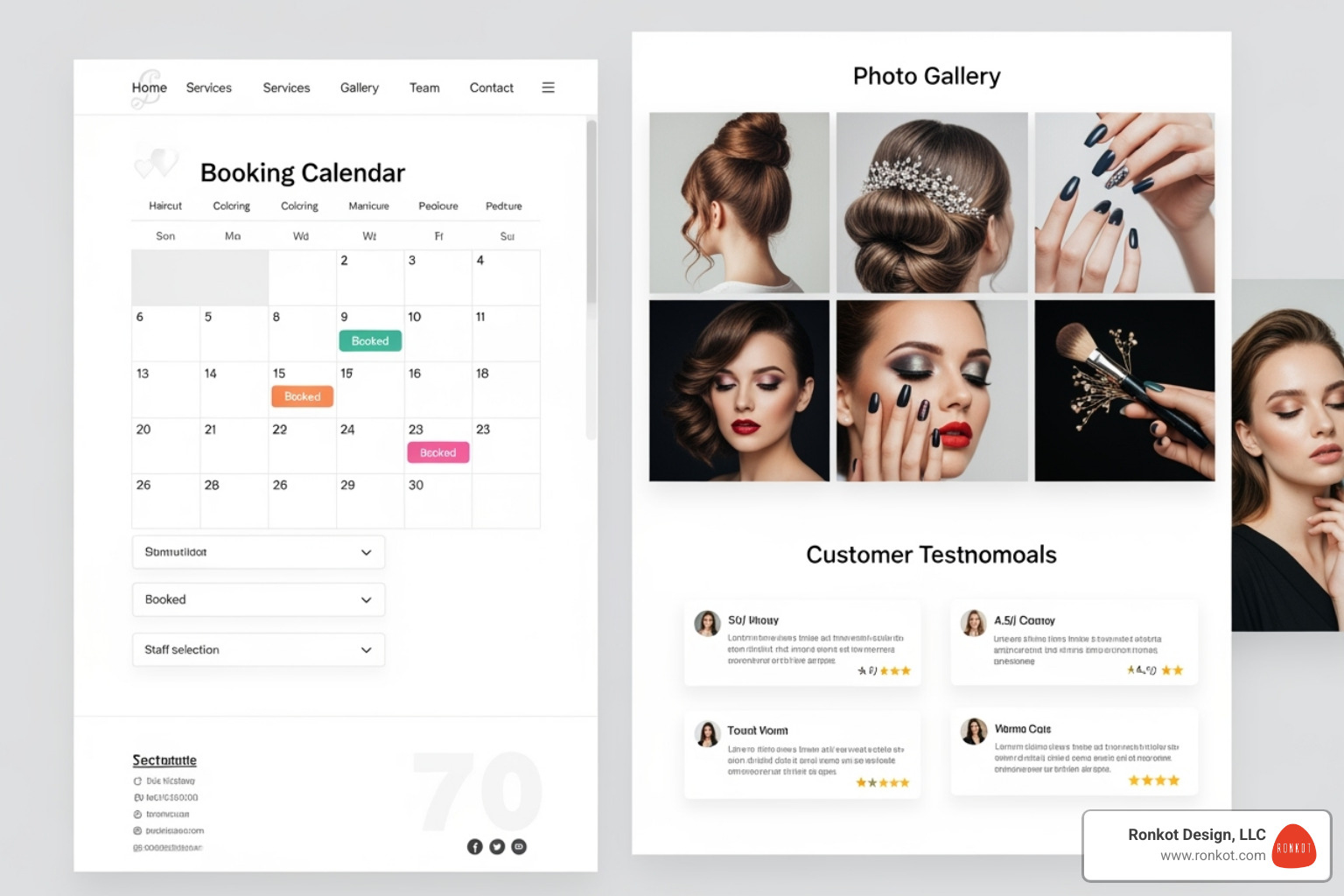 collage showing key website elements like an online booking calendar, a photo gallery, and customer reviews - hair and beauty salon websites collage showing key website elements like an online booking calendar, a photo gallery, and customer reviews - hair and beauty salon websites