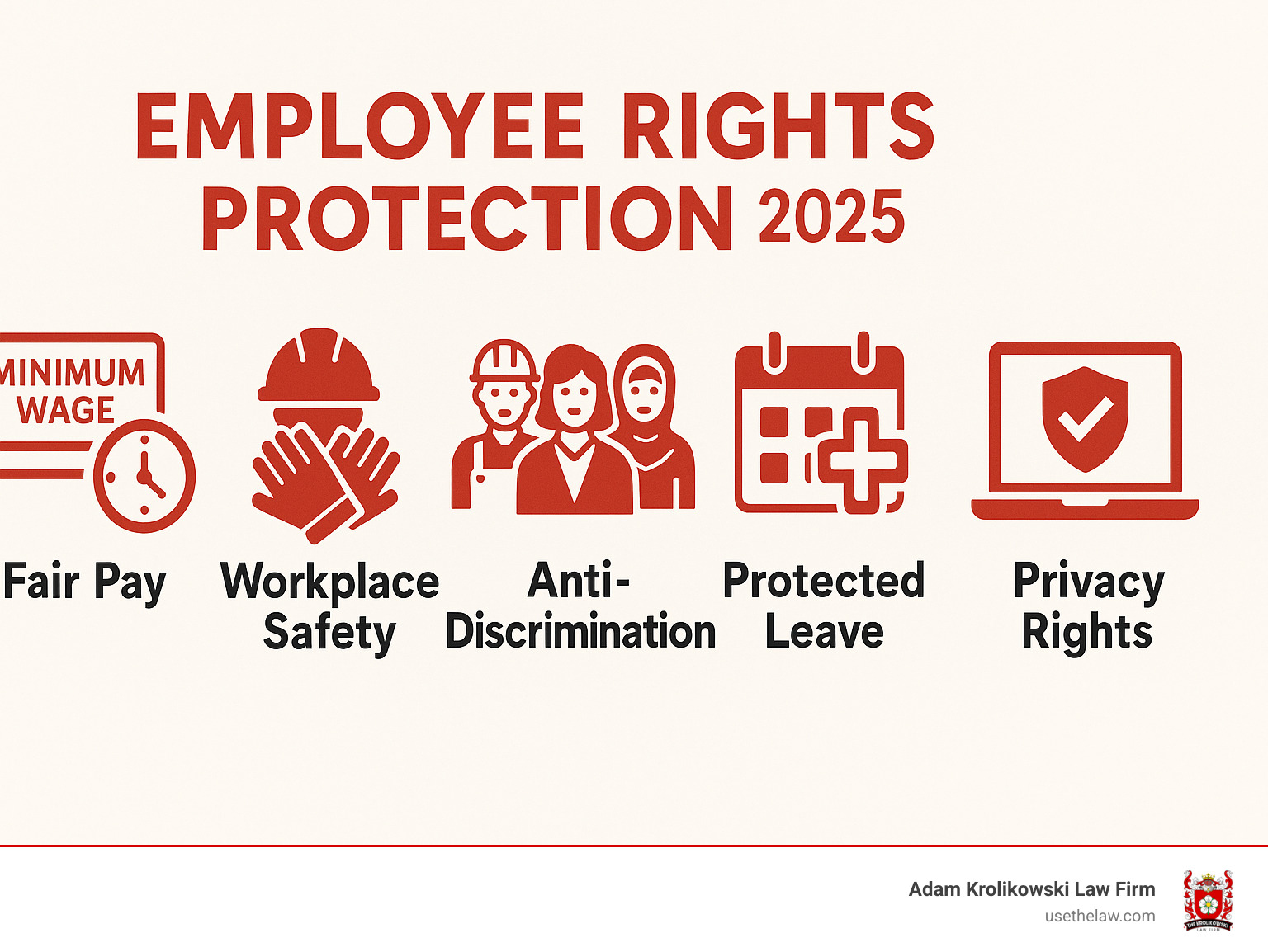 Infographic showing five main categories of employee rights: Fair Pay (showing minimum wage and overtime symbols), Workplace Safety (hard hat and safety equipment), Anti-Discrimination (diverse group of workers), Protected Leave (calendar with medical cross), and Privacy Rights (computer with shield icon) - Employee rights protection infographic Infographic showing five main categories of employee rights: Fair Pay (showing minimum wage and overtime symbols), Workplace Safety (hard hat and safety equipment), Anti-Discrimination (diverse group of workers), Protected Leave (calendar with medical cross), and Privacy Rights (computer with shield icon) - Employee rights protection infographic