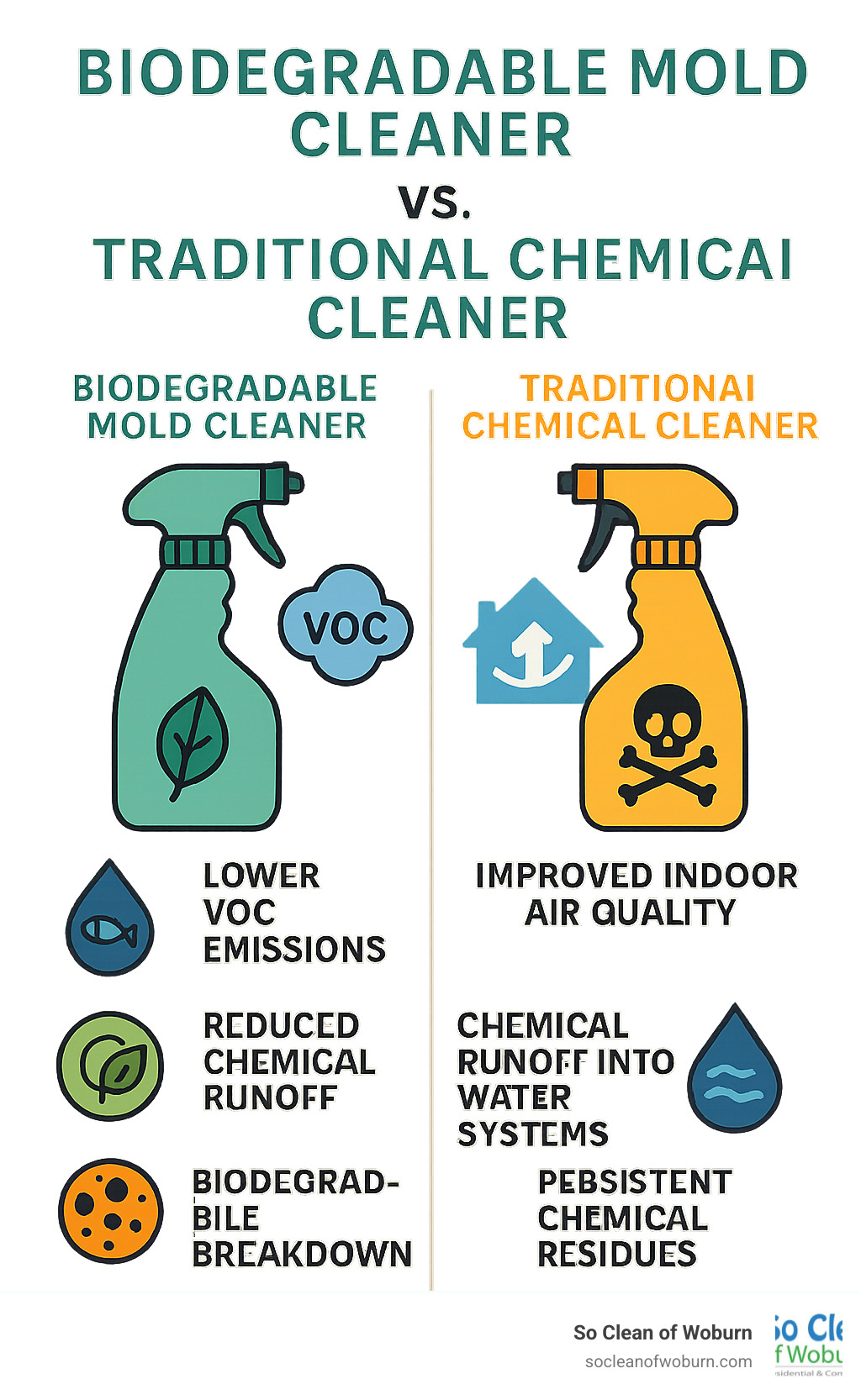 Comparison infographic showing biodegradable mold cleaners versus traditional chemical cleaners, highlighting lower VOC emissions, reduced chemical runoff into water systems, improved indoor air quality, and biodegradable breakdown versus persistent chemical residues - biodegradable mold cleaner infographic 