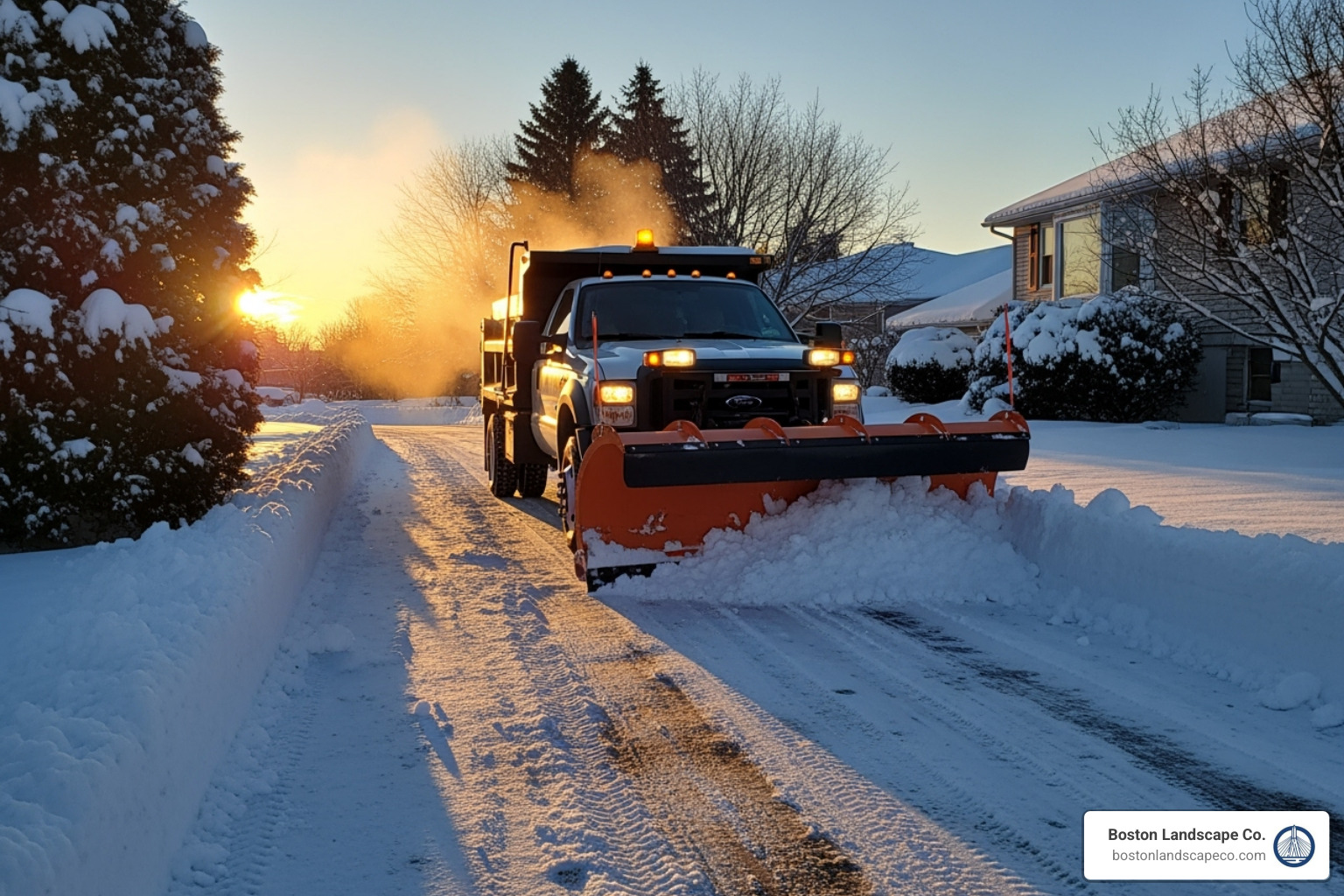 professional snow plow truck clearing a residential driveway at dawn - driveway snow removal service