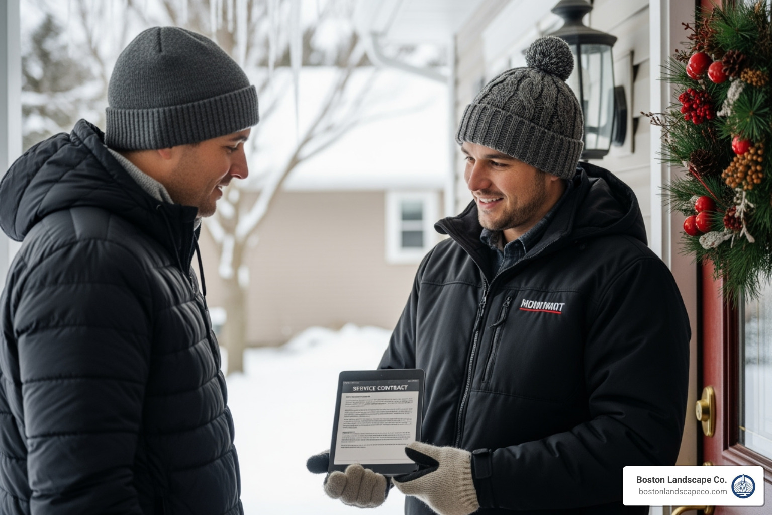 friendly snow removal professional discussing a service contract with a homeowner - driveway snow removal service