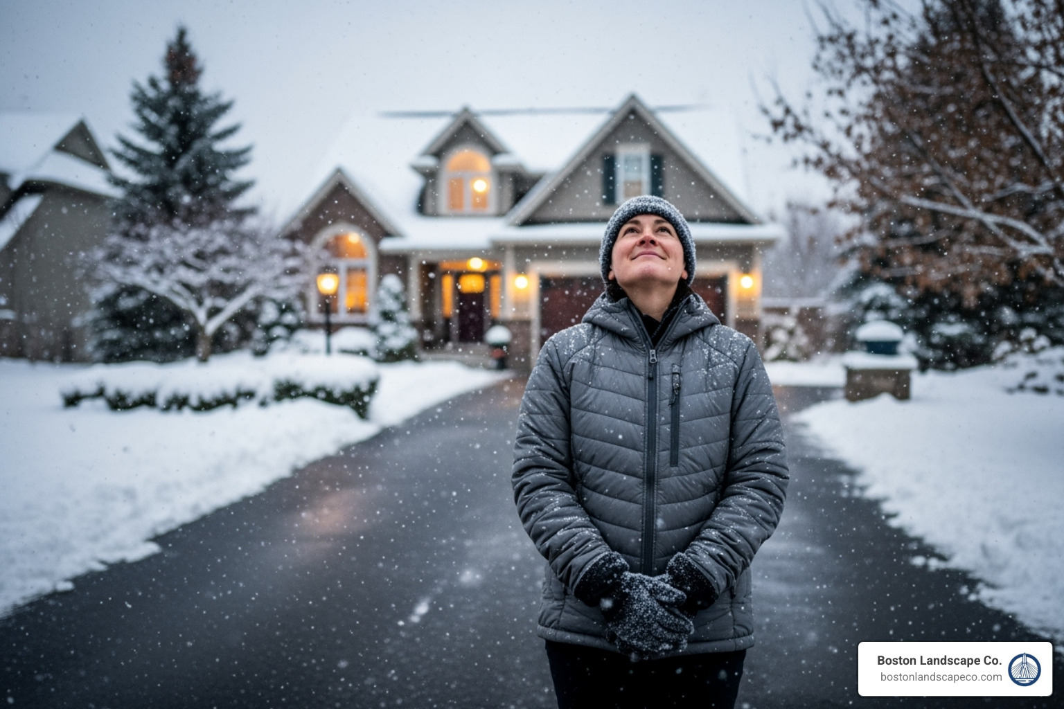 homeowner looking relieved at their clear driveway while it snows outside - driveway snow removal service