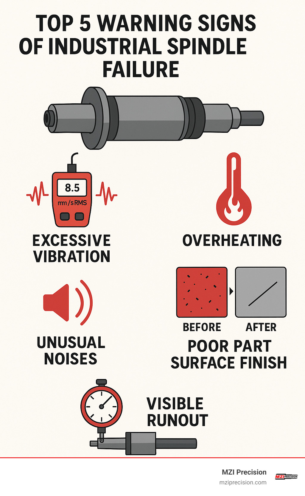 INFOGRAPHIC SHOWING THE TOP 5 WARNING SIGNS OF INDUSTRIAL SPINDLE FAILURE: EXCESSIVE VIBRATION WITH MEASUREMENT READINGS, OVERHEATING WITH TEMPERATURE GAUGES, UNUSUAL GRINDING OR SQUEALING NOISES WITH SOUND WAVE GRAPHICS, POOR PART SURFACE FINISH WITH BEFORE/AFTER COMPARISONS, AND VISIBLE RUNOUT WITH MEASUREMENT TOOLS - MILLING SPINDLE REPAIR INFOGRAPHIC INFOGRAPHIC SHOWING THE TOP 5 WARNING SIGNS OF INDUSTRIAL SPINDLE FAILURE: EXCESSIVE VIBRATION WITH MEASUREMENT READINGS, OVERHEATING WITH TEMPERATURE GAUGES, UNUSUAL GRINDING OR SQUEALING NOISES WITH SOUND WAVE GRAPHICS, POOR PART SURFACE FINISH WITH BEFORE/AFTER COMPARISONS, AND VISIBLE RUNOUT WITH MEASUREMENT TOOLS - MILLING SPINDLE REPAIR INFOGRAPHIC
