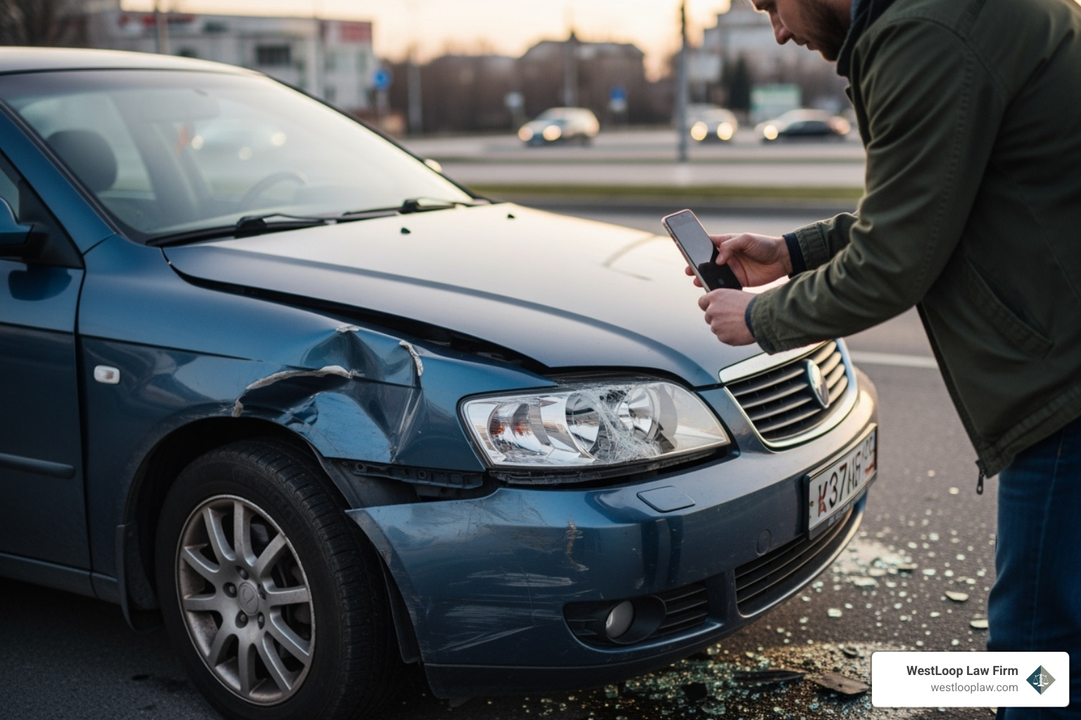 person taking photo of vehicle damage - Car accident lawsuit attorney