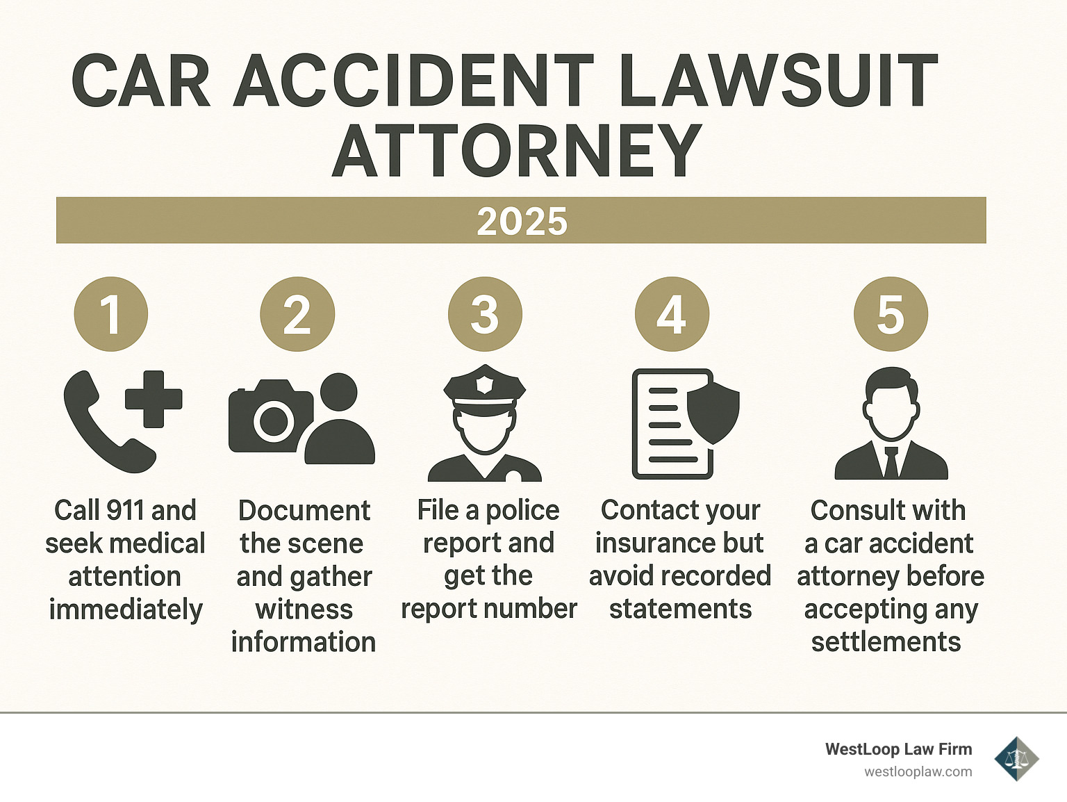Infographic showing the 5 critical steps after a car accident: 1. Call 911 and seek medical attention immediately, 2. Document the scene with photos and gather witness information, 3. File a police report and get the report number, 4. Contact your insurance but avoid recorded statements, 5. Consult with a car accident attorney before accepting any settlements - Car accident lawsuit attorney infographic 