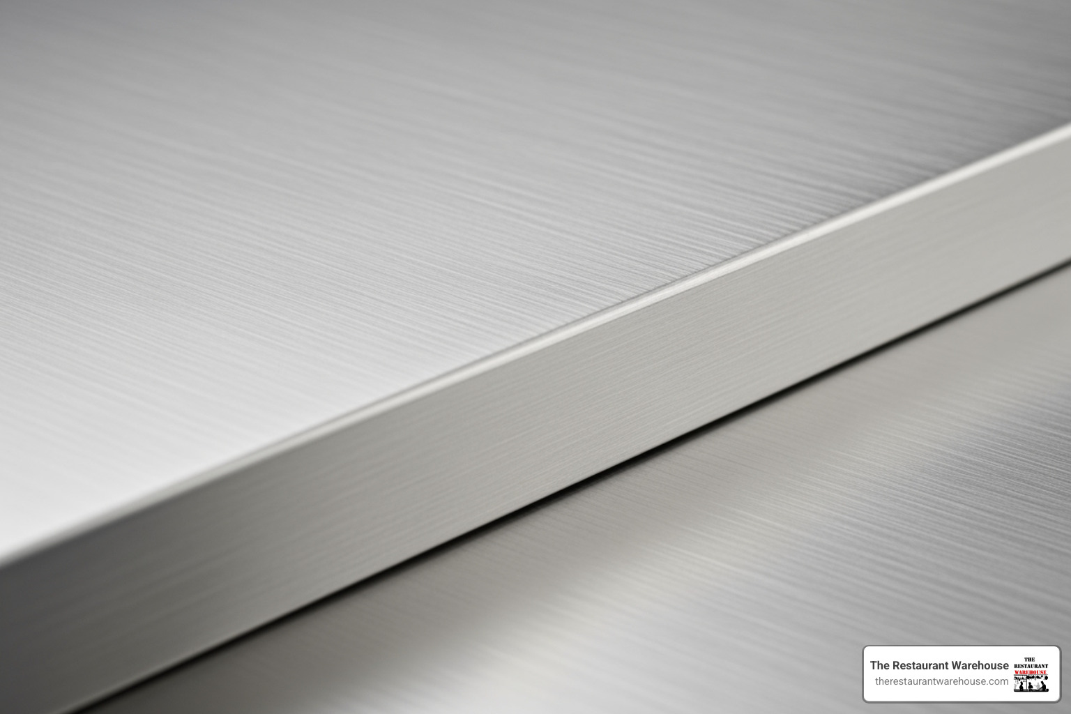 Close-up of thick stainless steel sheet indicating its gauge - commercial kitchen prep table Close-up of thick stainless steel sheet indicating its gauge - commercial kitchen prep table