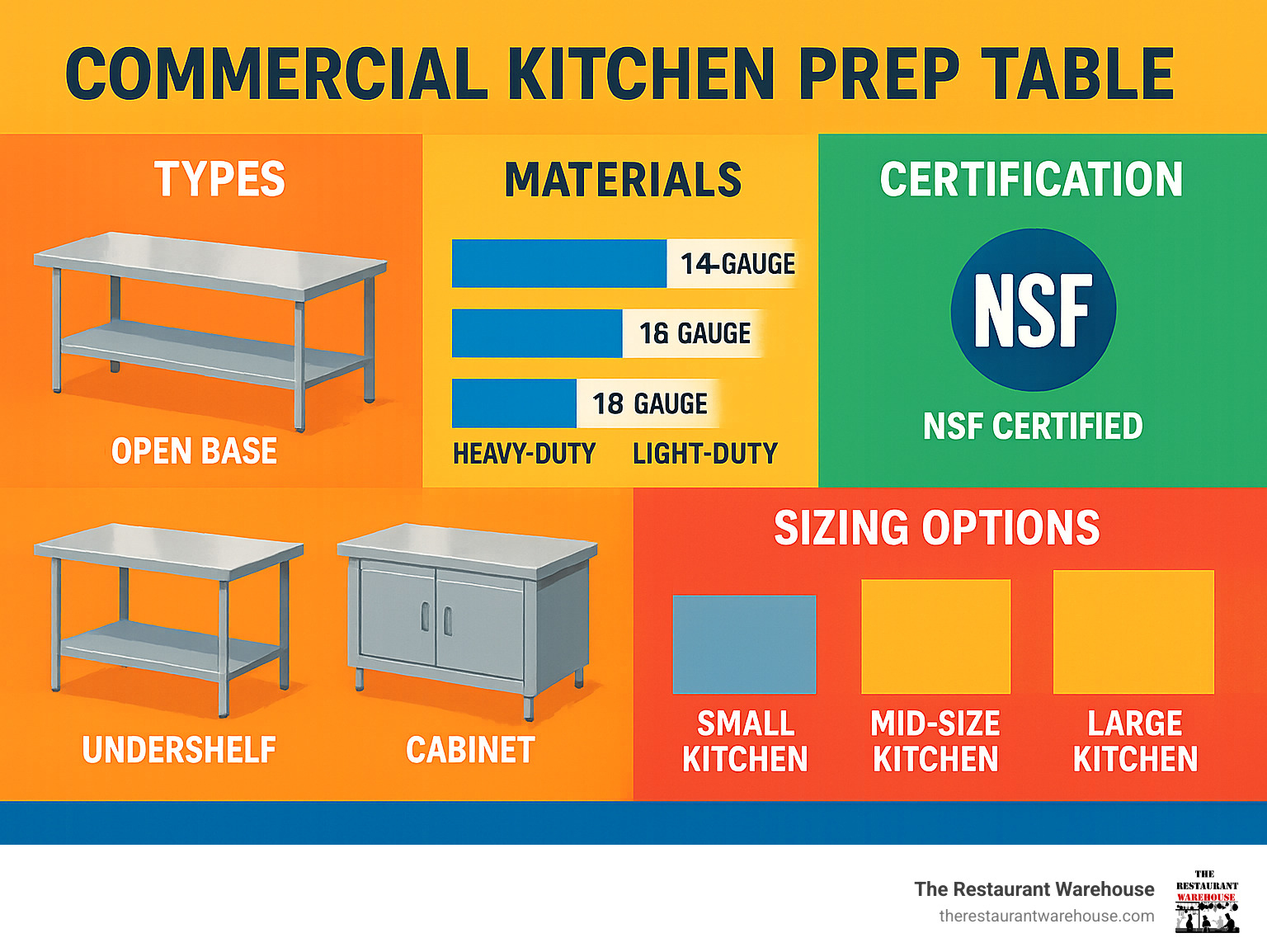 Comprehensive guide showing stainless steel commercial kitchen prep table types, materials comparison between 14-16-18 gauge steel, NSF certification requirements, and sizing options for different kitchen layouts - commercial kitchen prep table infographic Comprehensive guide showing stainless steel commercial kitchen prep table types, materials comparison between 14-16-18 gauge steel, NSF certification requirements, and sizing options for different kitchen layouts - commercial kitchen prep table infographic