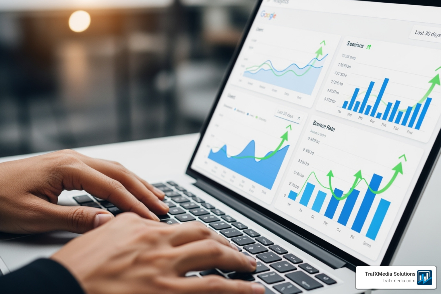 A person's hands typing on a laptop displaying a Google Analytics dashboard with clear, positive trend lines, symbolizing growth and success - SEO workshop San Francisco