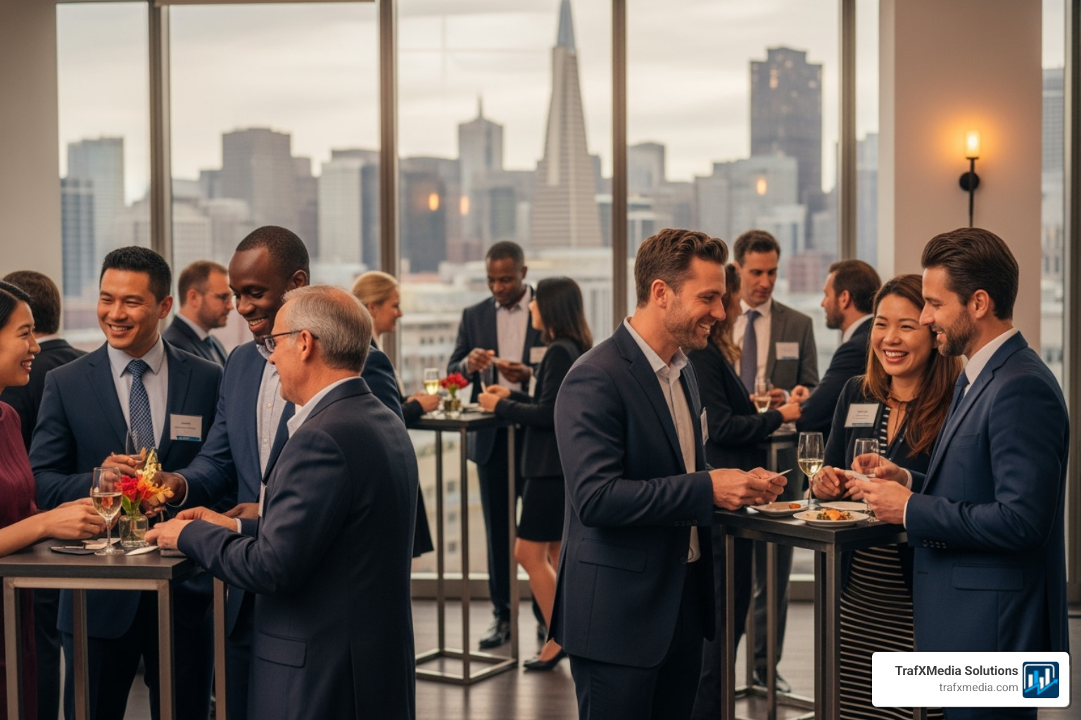 Professionals networking at a corporate event in a San Francisco venue, exchanging ideas and business cards, highlighting the collaborative and connection-building aspects - SEO workshop San Francisco