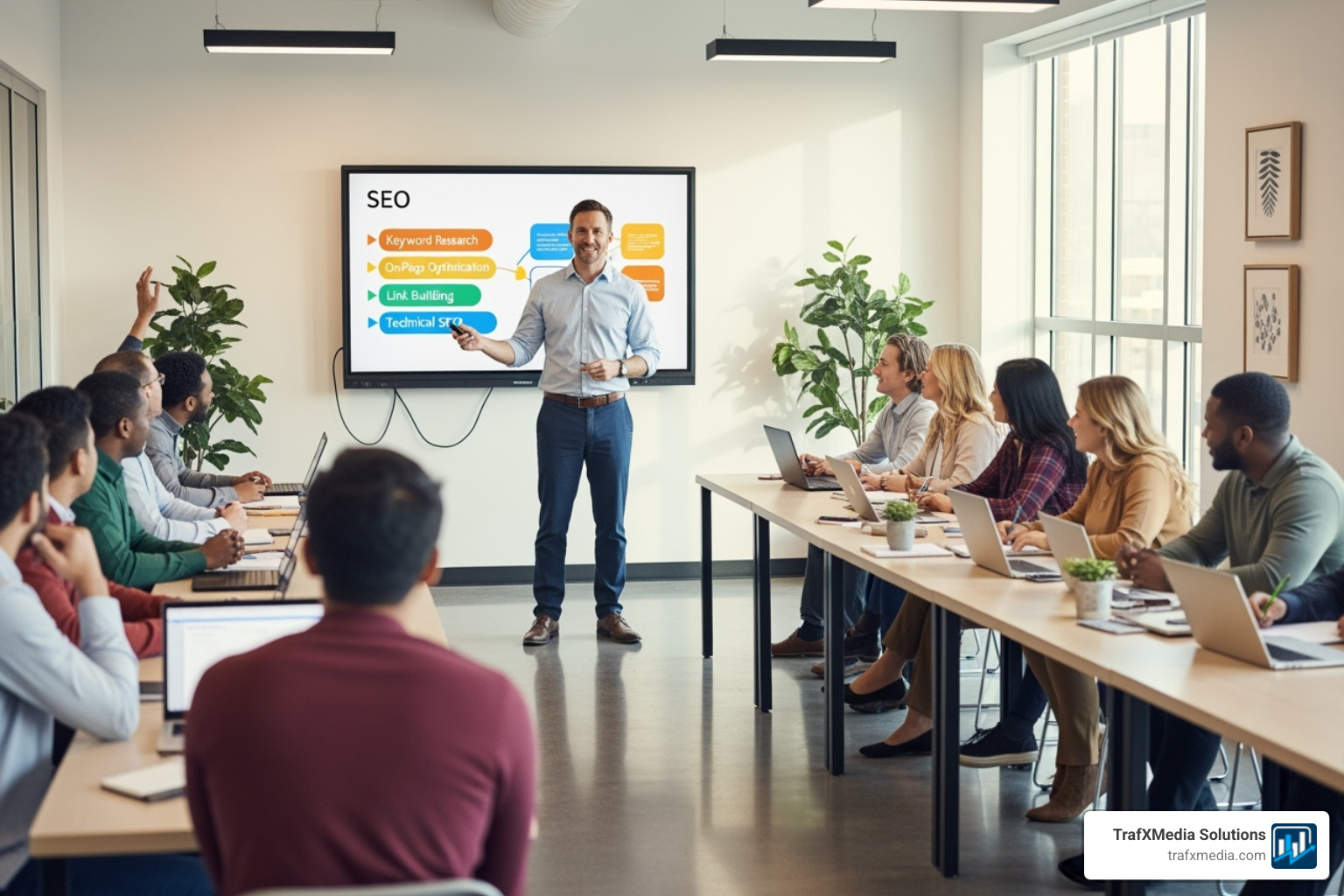 A Caucasian male instructor presenting SEO concepts on a large screen to an engaged, diverse audience in a bright, modern classroom, fostering an interactive learning environment - SEO workshop San Francisco