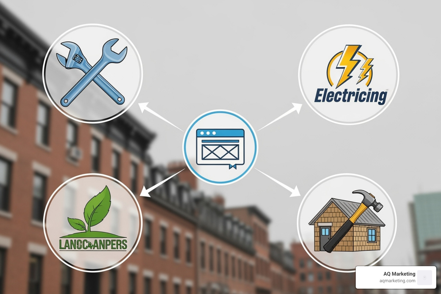 network of local business logos pointing to a central website - off page seo for home services network of local business logos pointing to a central website - off page seo for home services