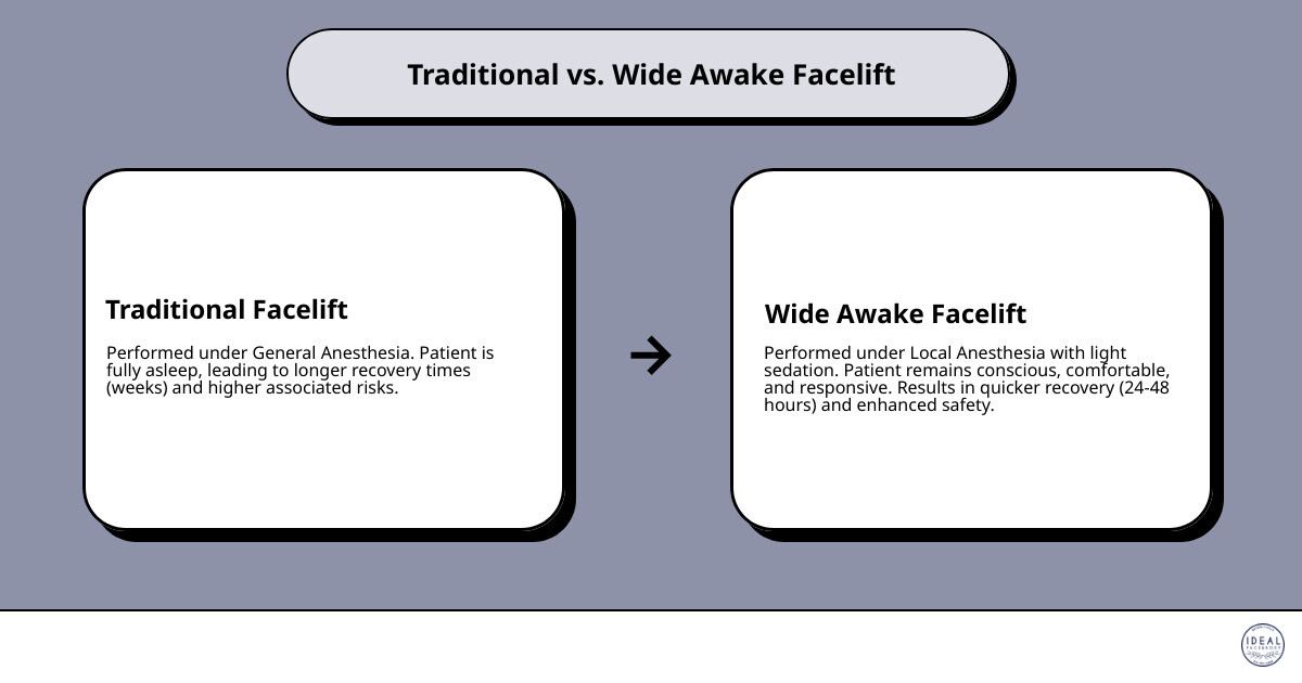 Infographic comparing traditional facelift under general anesthesia with longer recovery time versus wide awake facelift using local anesthesia with faster recovery, highlighting consciousness level, safety profile, and typical healing timeline - wide awake face lift infographic cause_effect_text