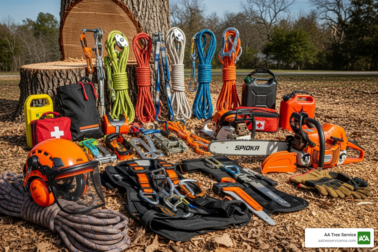 a tree service crew with proper safety gear - tree service company a tree service crew with proper safety gear - tree service company