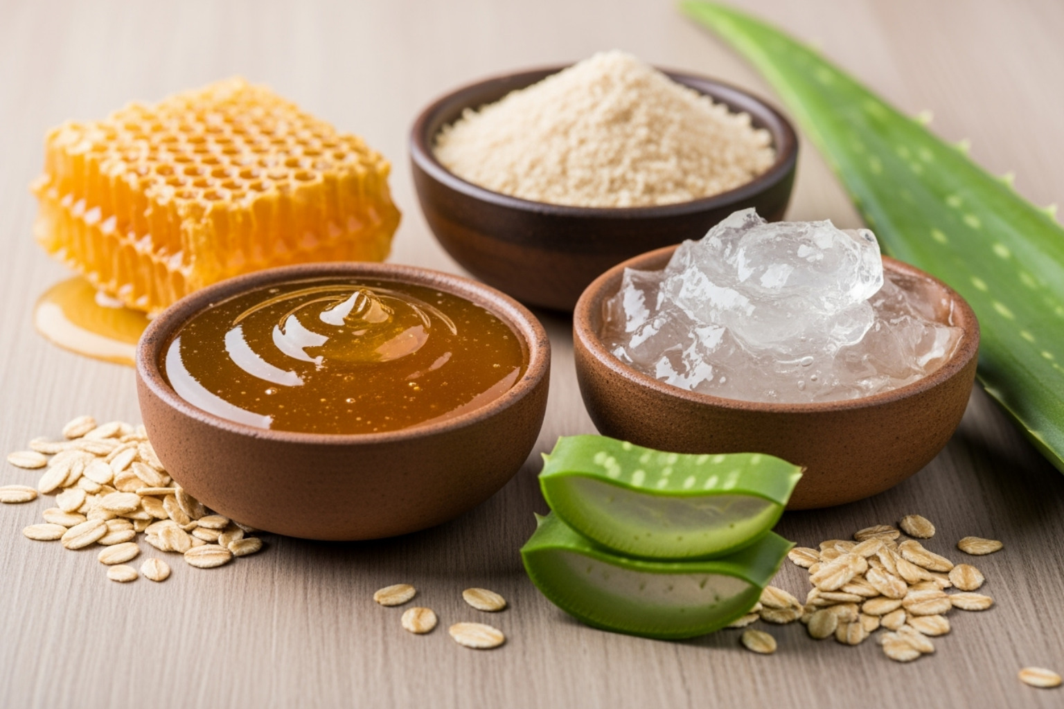 Various natural ingredients like honey, oatmeal, and aloe vera in bowls - homemade beauty tips for clear skin