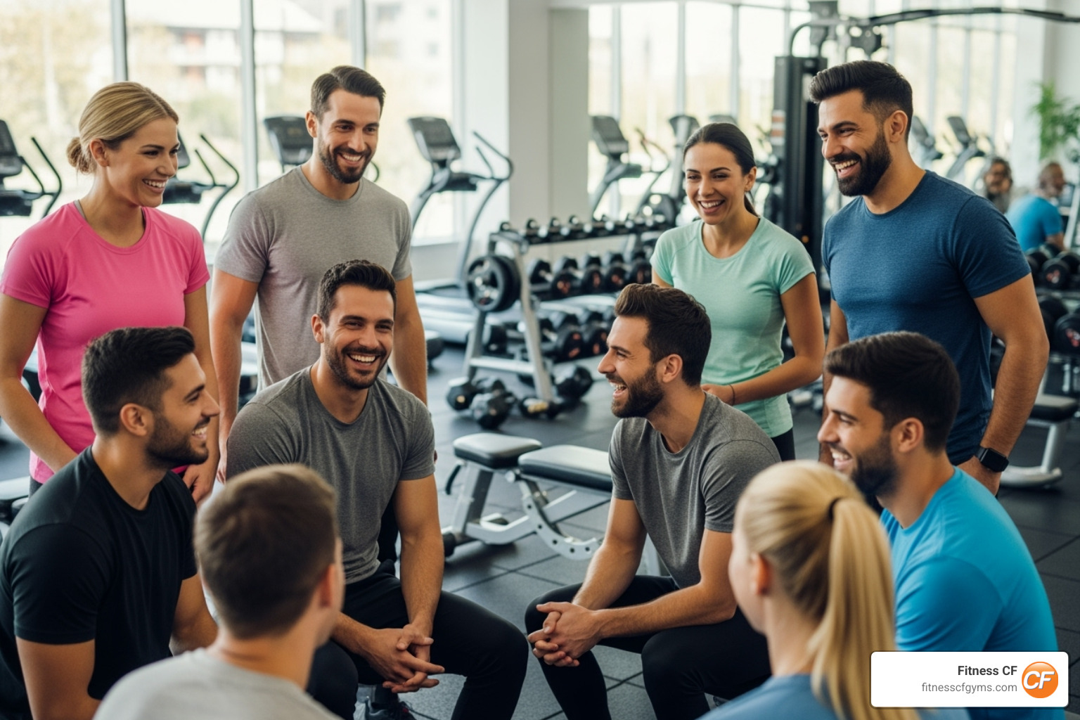 of members smiling and talking together in a gym setting. - east gym