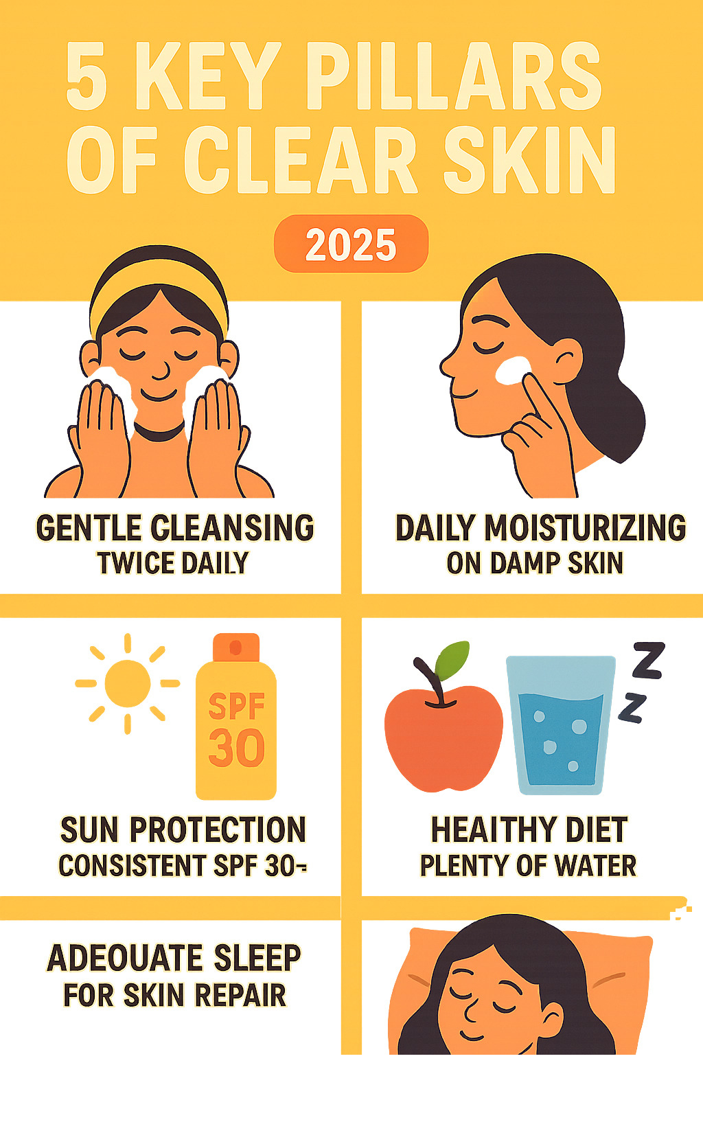 Infographic showing the 5 key pillars of clear skin: gentle cleansing twice daily, daily moisturizing on damp skin, consistent SPF 30+ sun protection, nourishing diet with plenty of water, and adequate sleep for skin repair - homemade beauty tips for clear skin infographic 