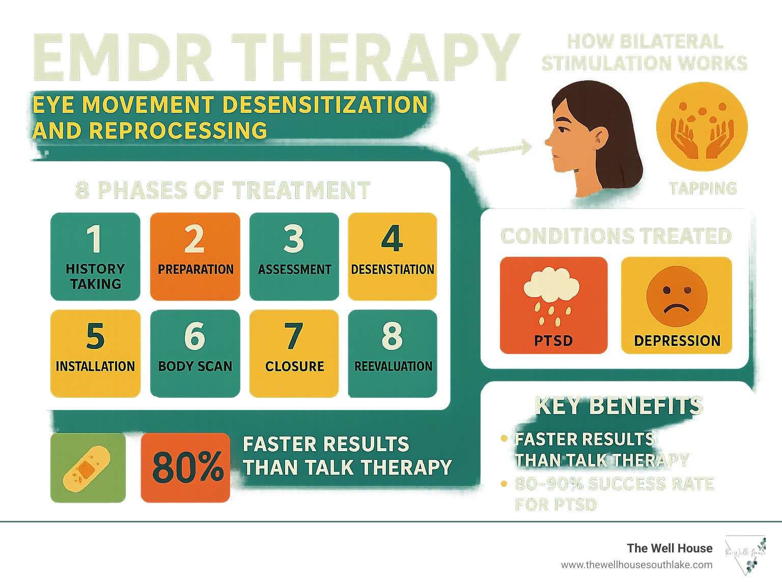 Comprehensive infographic showing EMDR therapy basics including definition as Eye Movement Desensitization and Reprocessing, how bilateral stimulation works through eye movements and tapping, the 8 phases of treatment from history taking to reevaluation, conditions treated including PTSD anxiety depression and trauma, and key benefits like faster results than talk therapy and 80-90% success rate for PTSD - emdr therapy southlake tx infographic 