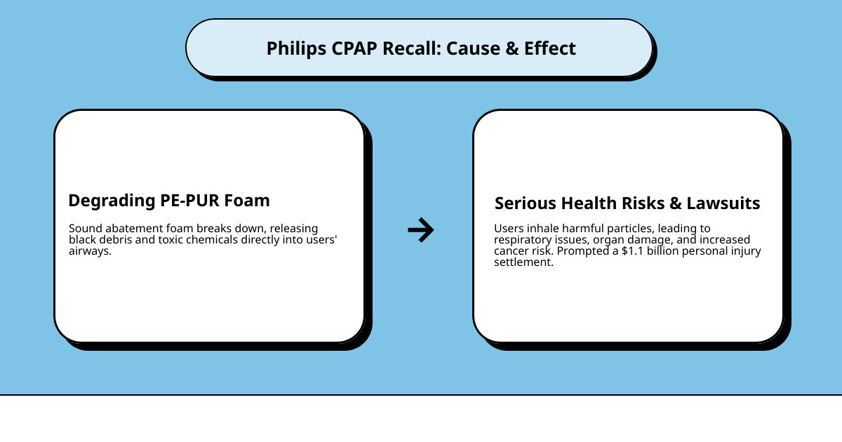 Detailed infographic showing PE-PUR foam breakdown process in CPAP machines, with arrows indicating how degraded foam particles travel through the air pathway into user's lungs, along with timeline of health effects and settlement compensation ranges - how much will i get from cpap lawsuit infographic cause_effect_text Detailed infographic showing PE-PUR foam breakdown process in CPAP machines, with arrows indicating how degraded foam particles travel through the air pathway into user's lungs, along with timeline of health effects and settlement compensation ranges - how much will i get from cpap lawsuit infographic cause_effect_text
