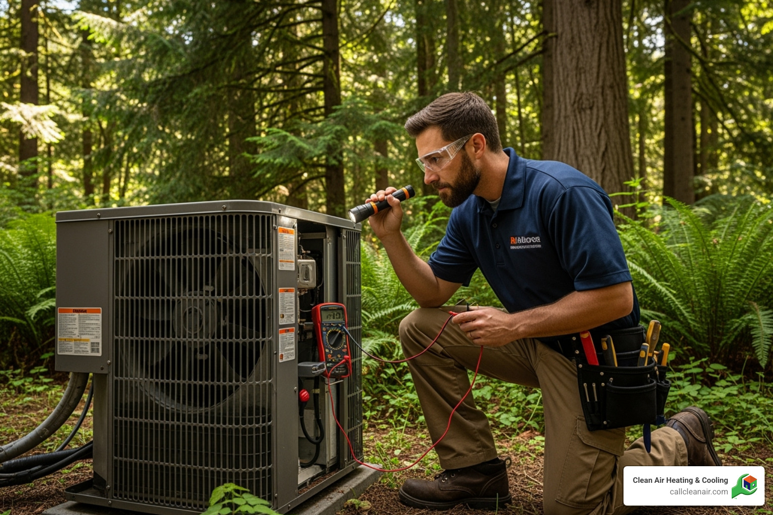 Technician inspecting an outdoor AC unit with a backdrop of lush Pacific Northwest greenery - Bellingham AC tune up