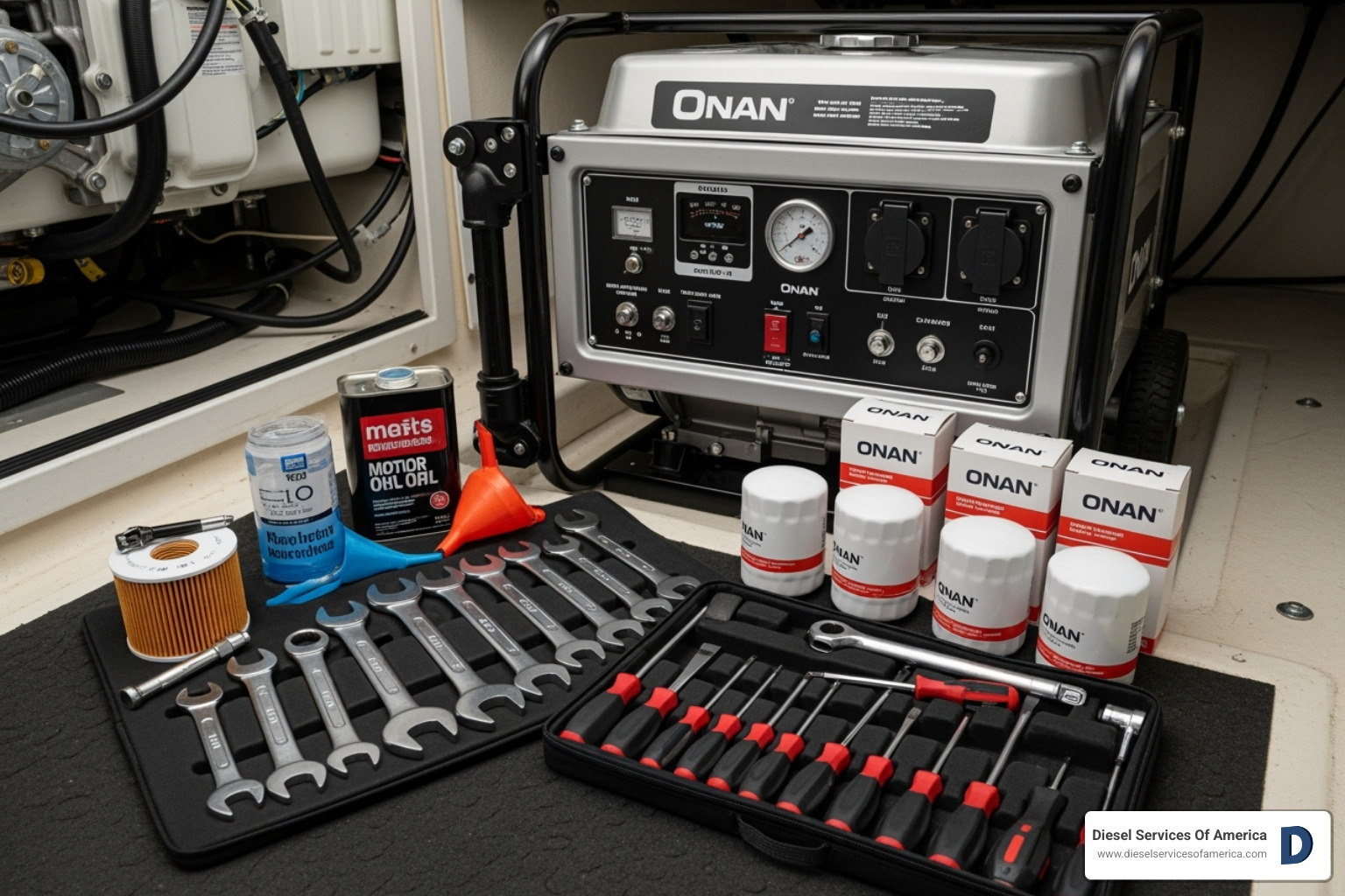 DIY toolkit next to an Onan generator - onan 7000 hours schedule
