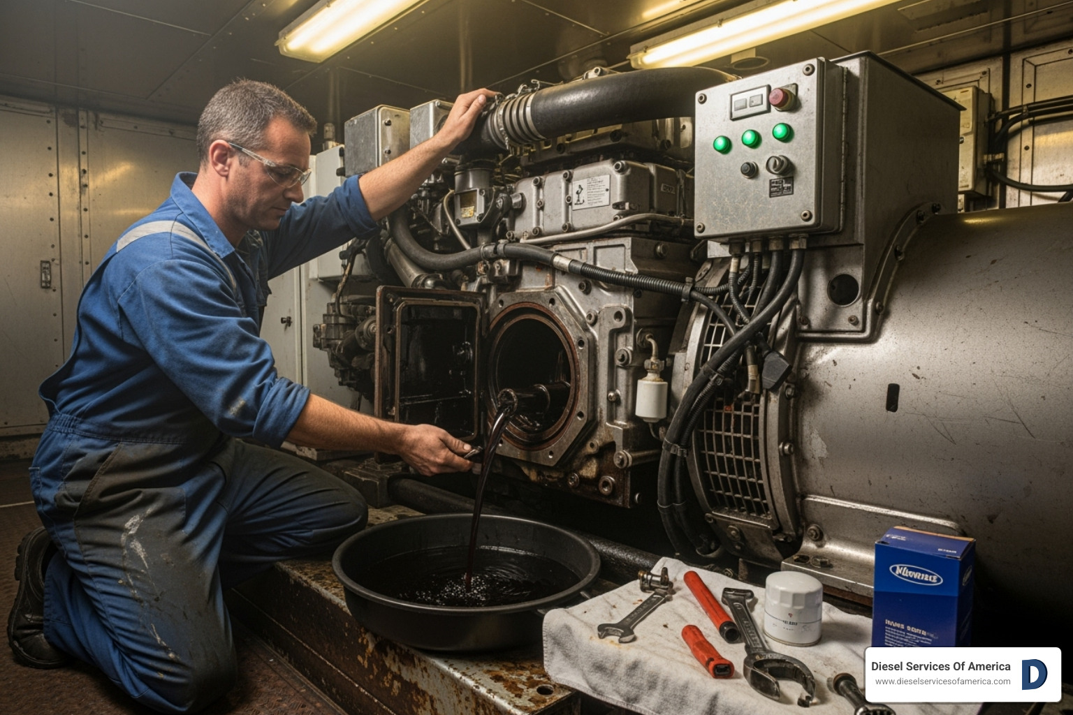 Technician performing an oil change on an Onan generator - onan 7000 hours schedule
