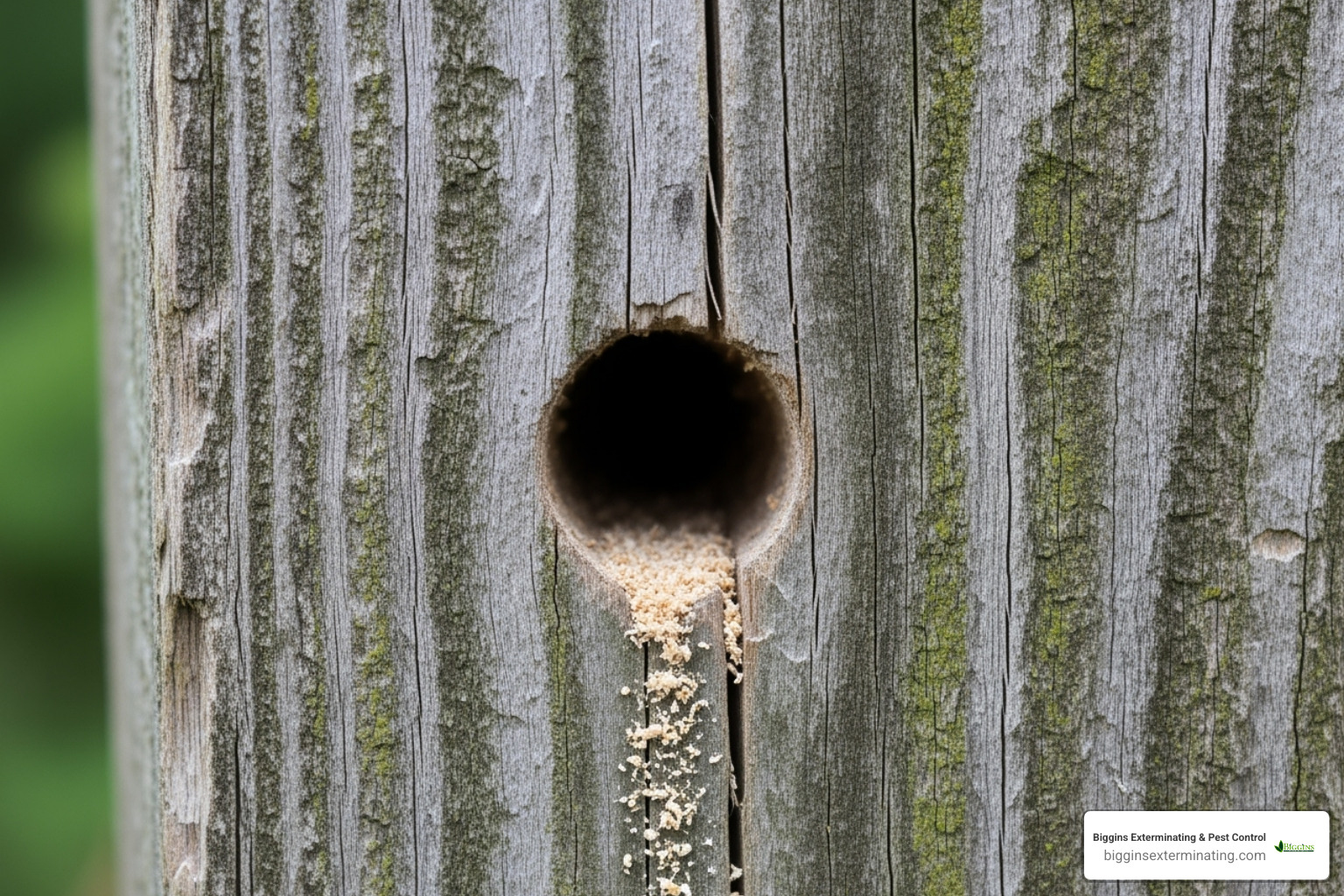 A perfectly round carpenter bee hole drilled into a wooden fence post - black and yellow carpenter bee