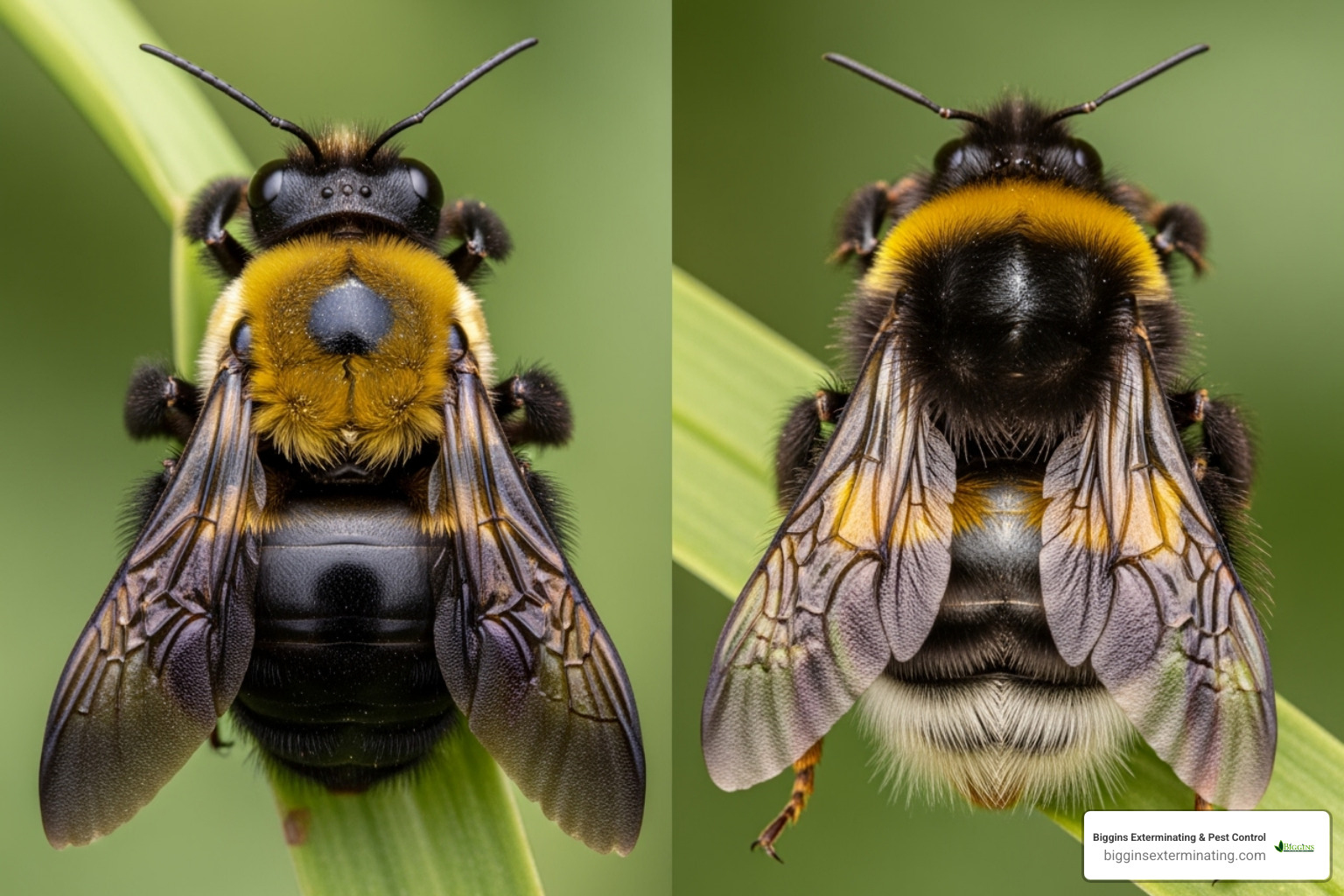 A side-by-side comparison of a carpenter bee with a shiny, hairless abdomen and a bumblebee with a fuzzy, striped abdomen - black and yellow carpenter bee