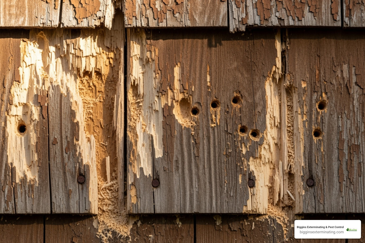 Woodpecker damage on wooden siding near carpenter bee holes - black and yellow carpenter bee