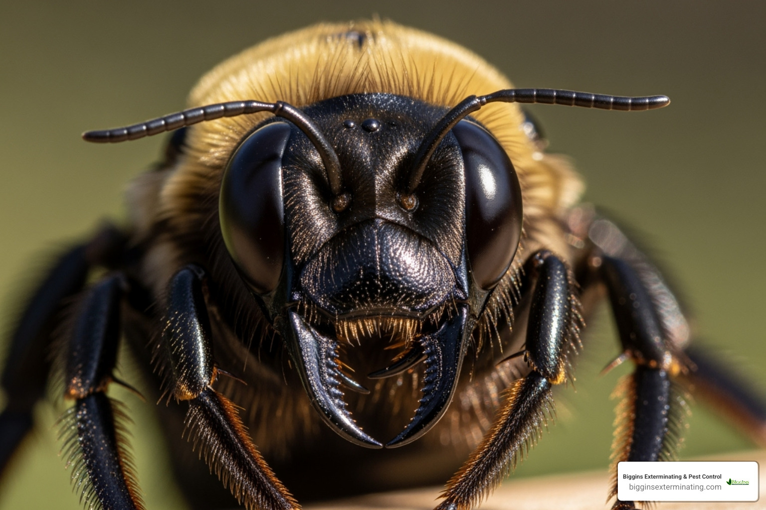 A close-up image of a female carpenter bee showing her all-black face and powerful mandibles - black and yellow carpenter bee