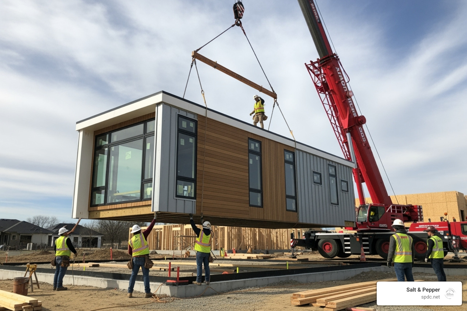 a prefabricated home module being installed on-site - eco-friendly construction techniques a prefabricated home module being installed on-site - eco-friendly construction techniques