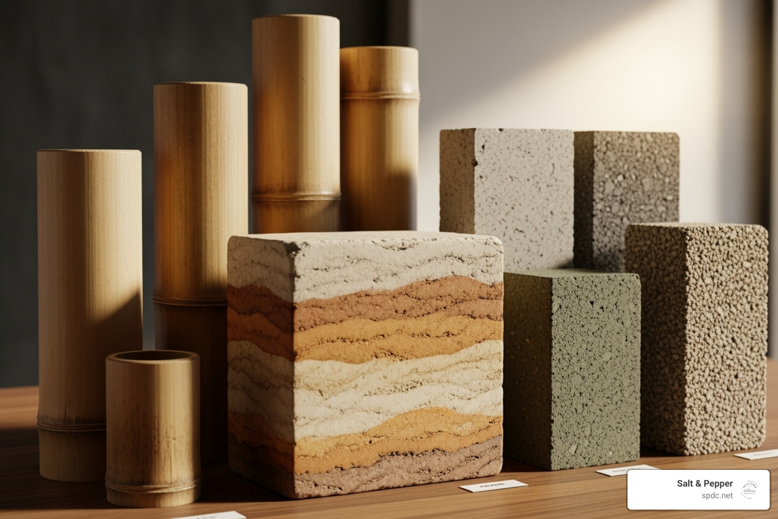 various sustainable material samples like bamboo, rammed earth, and recycled plastic bricks - eco-friendly construction techniques various sustainable material samples like bamboo, rammed earth, and recycled plastic bricks - eco-friendly construction techniques