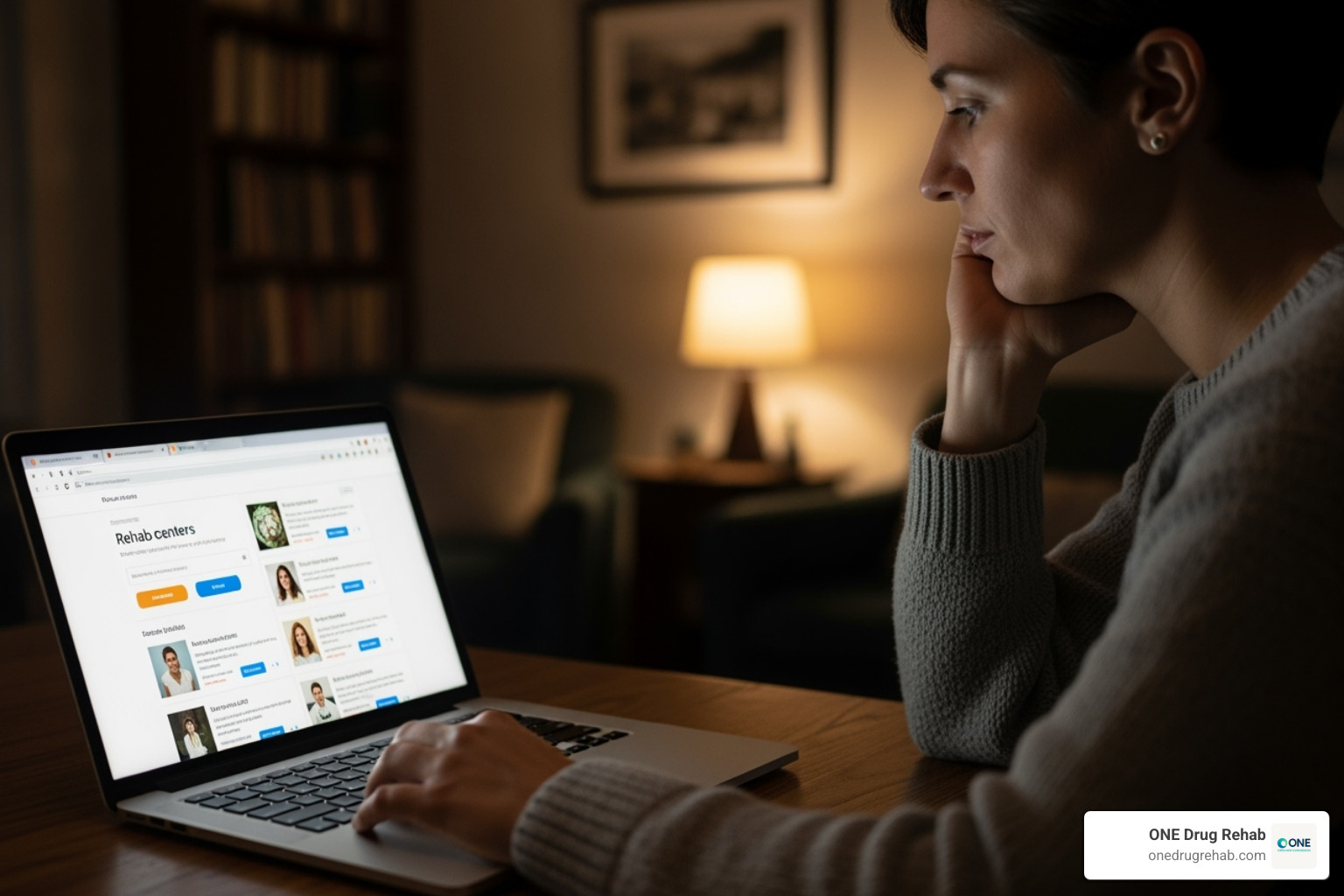 A person thoughtfully browsing a laptop for rehab options - rehab with private rooms