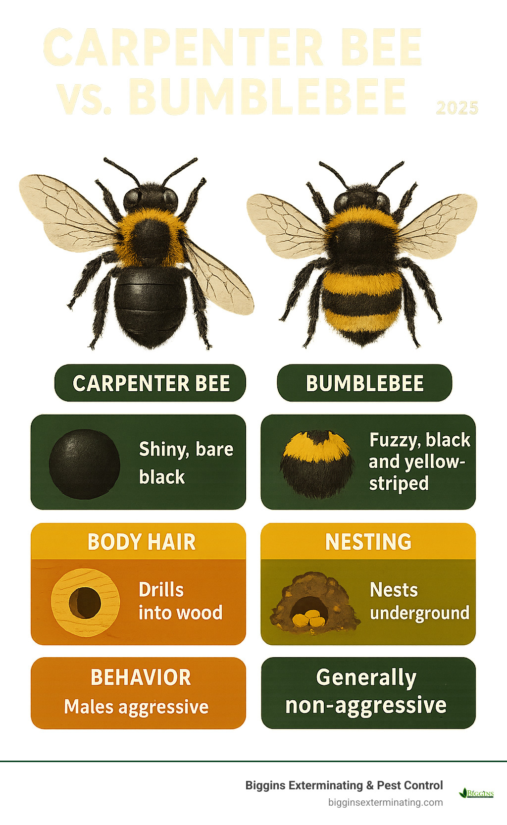 Detailed comparison infographic showing carpenter bee versus bumblebee identification features including abdomen texture, body hair distribution, nesting locations, and behavioral differences - black and yellow carpenter bee infographic 