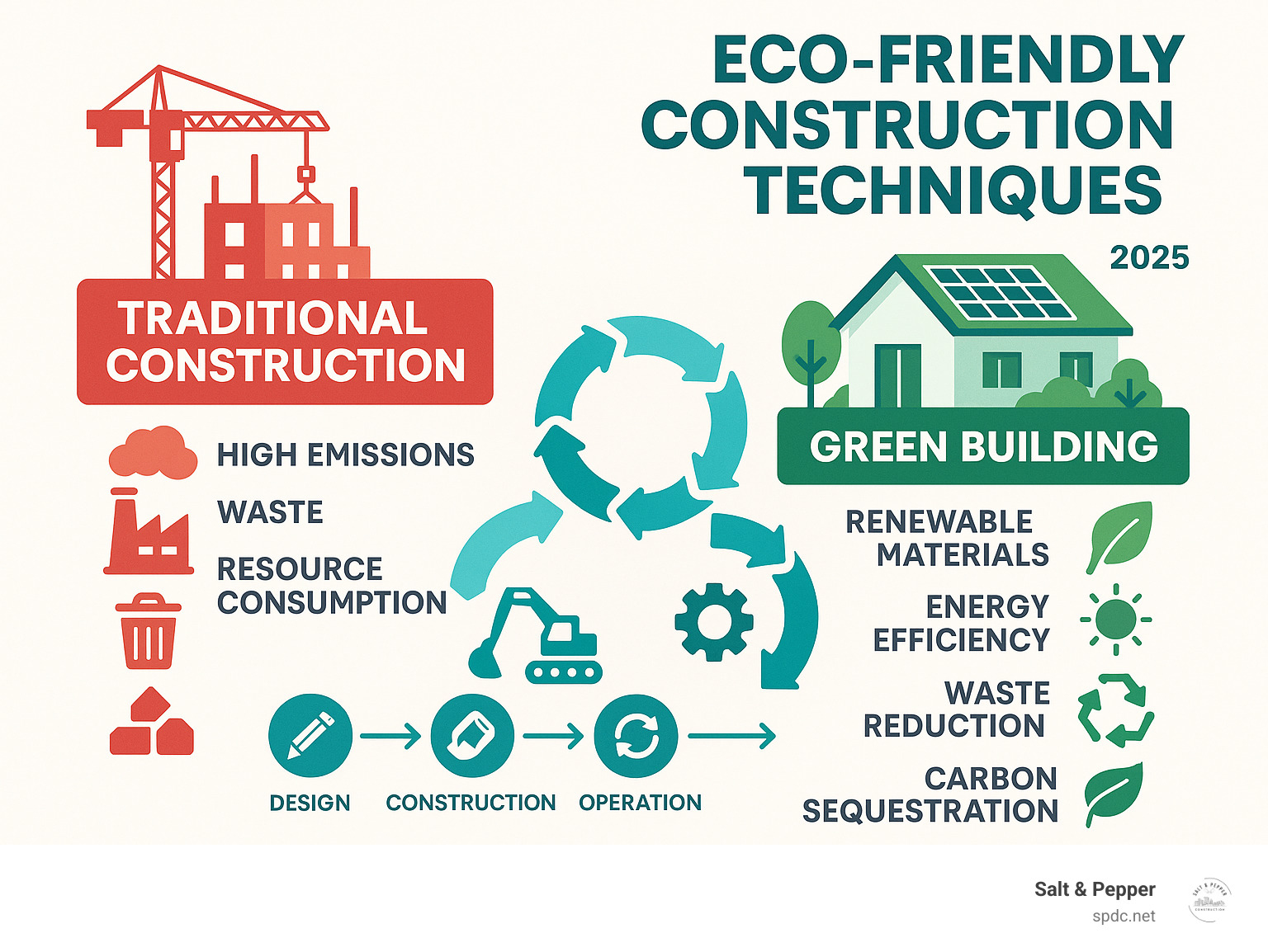 Comprehensive infographic showing the lifecycle comparison between traditional construction (high emissions, waste, and resource consumption) versus green building techniques (renewable materials, energy efficiency, waste reduction, and carbon sequestration throughout design, construction, operation, and end-of-life phases) - eco-friendly construction techniques infographic Comprehensive infographic showing the lifecycle comparison between traditional construction (high emissions, waste, and resource consumption) versus green building techniques (renewable materials, energy efficiency, waste reduction, and carbon sequestration throughout design, construction, operation, and end-of-life phases) - eco-friendly construction techniques infographic